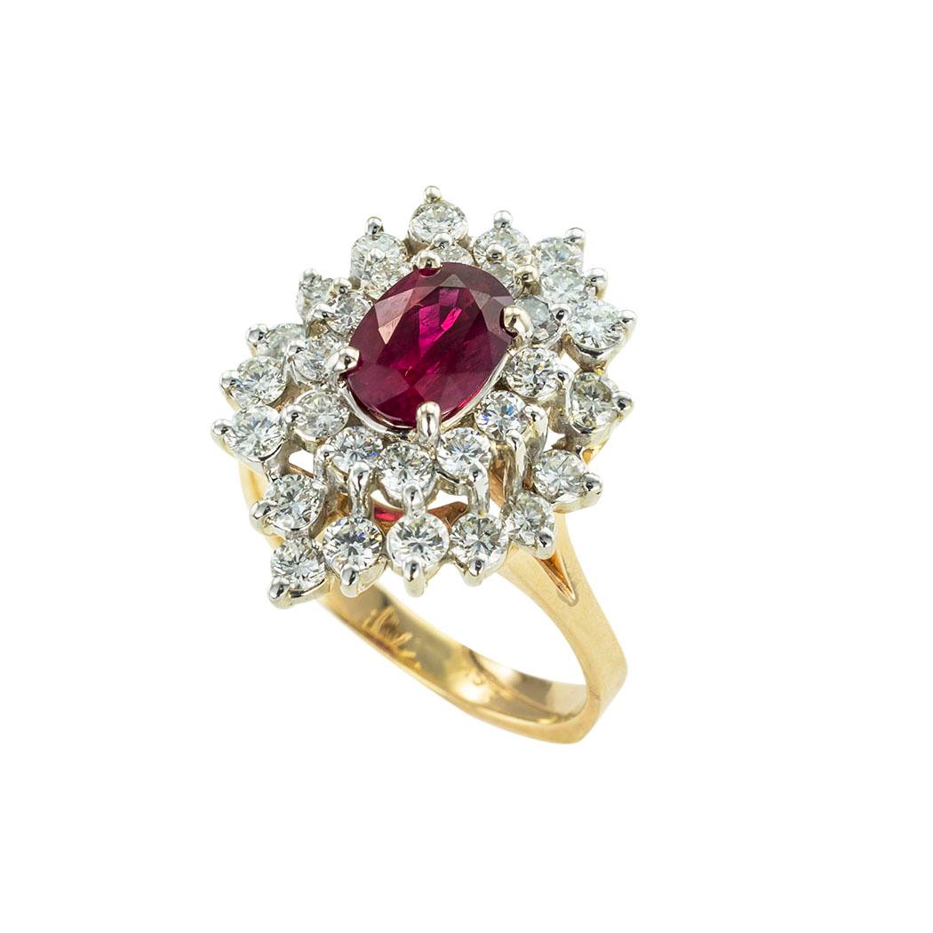 Approximately 1.30 carat ruby and 1.10 carat diamond gold cluster ring circa 1980. *

ABOUT THIS ITEM:  #A8037. Scroll down for detailed specifications.  Ruby like sapphire is a type of corundum.  According to the American Gem Trade Association, it