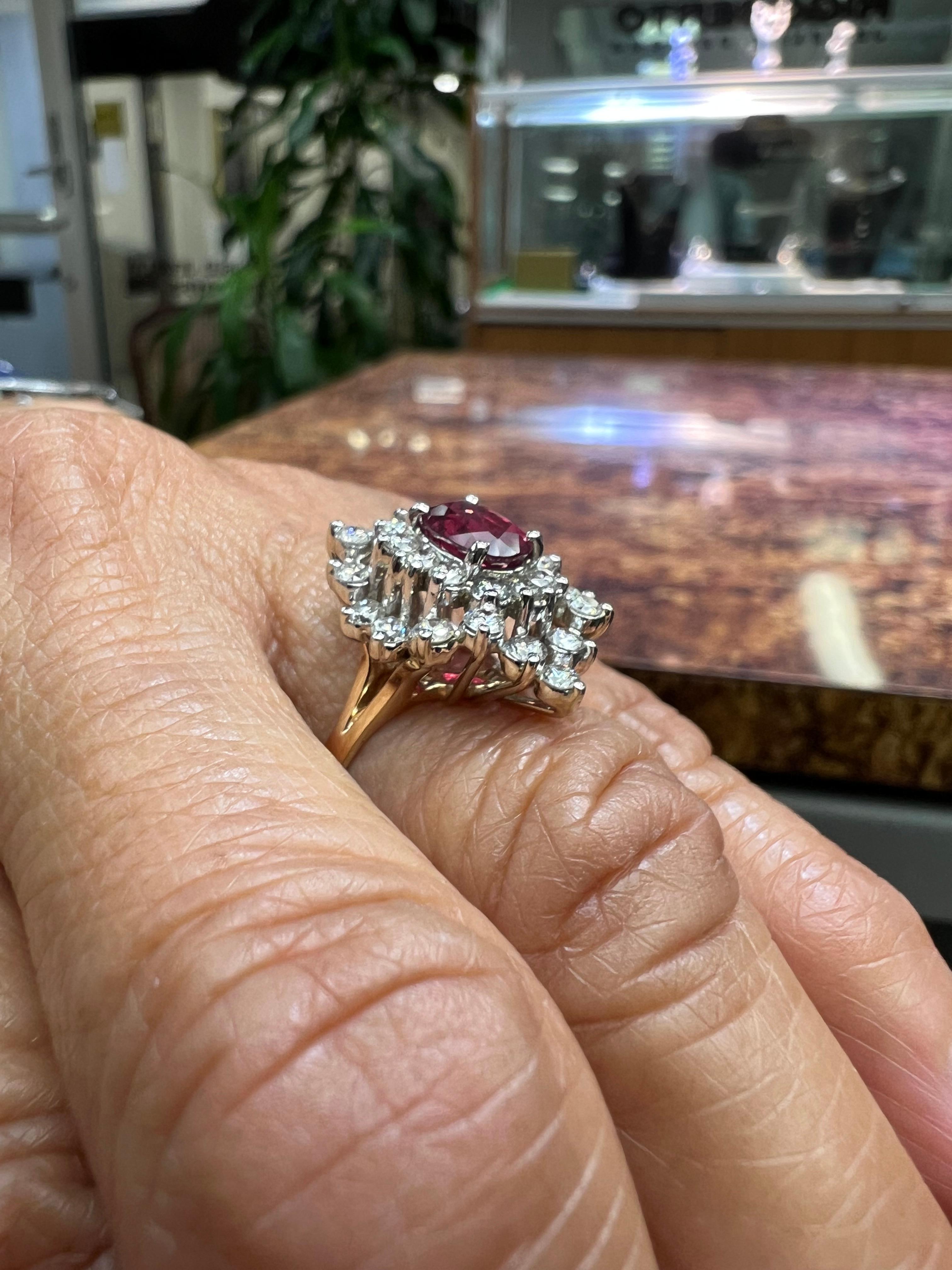Contemporary Ruby Diamond Gold Cluster Ring For Sale