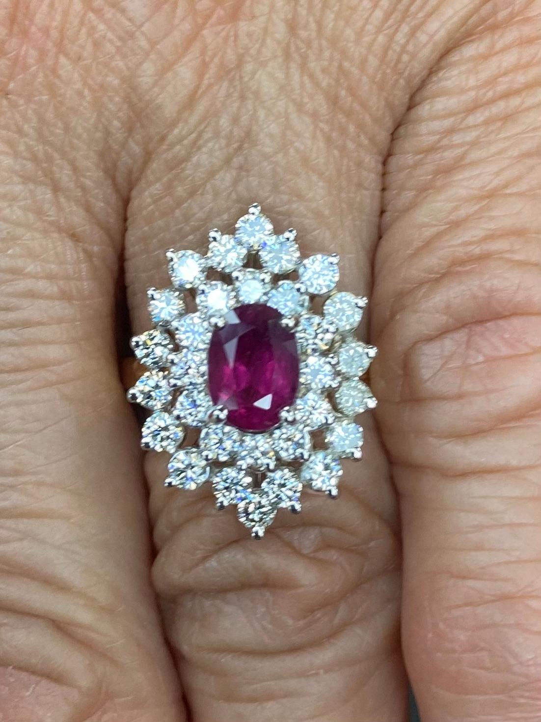 Oval Cut Ruby Diamond Gold Cluster Ring For Sale