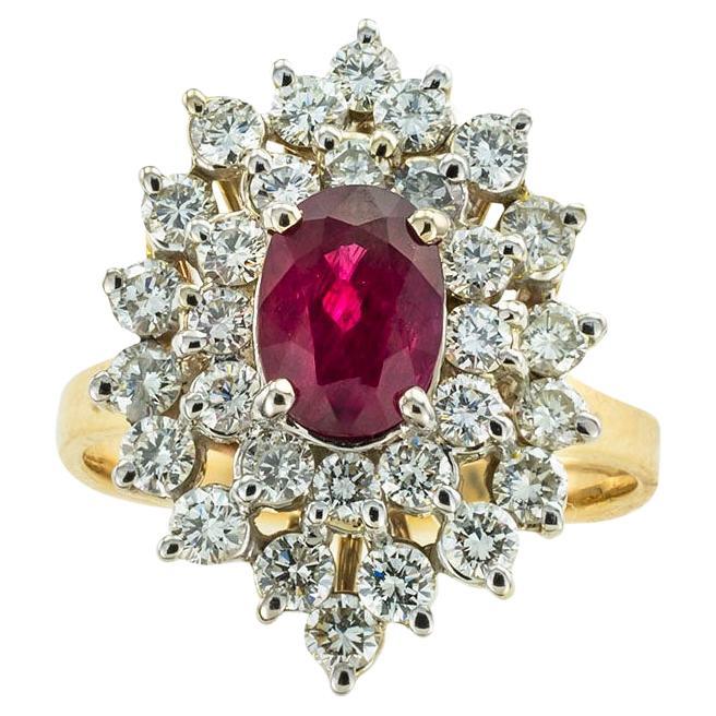 Ruby Diamond Gold Cluster Ring For Sale