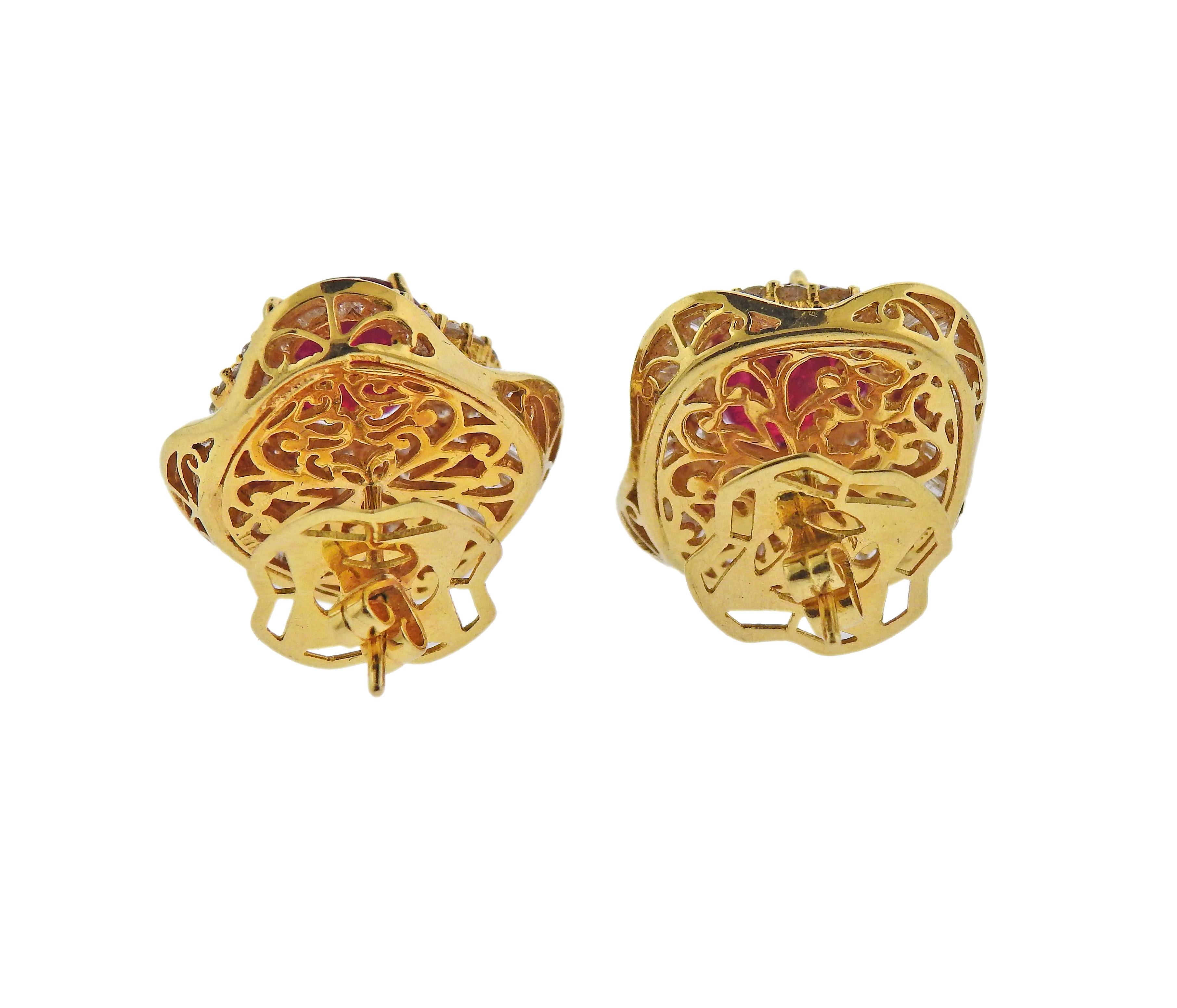 Oval Cut Ruby Diamond Gold Cocktail Earrings For Sale