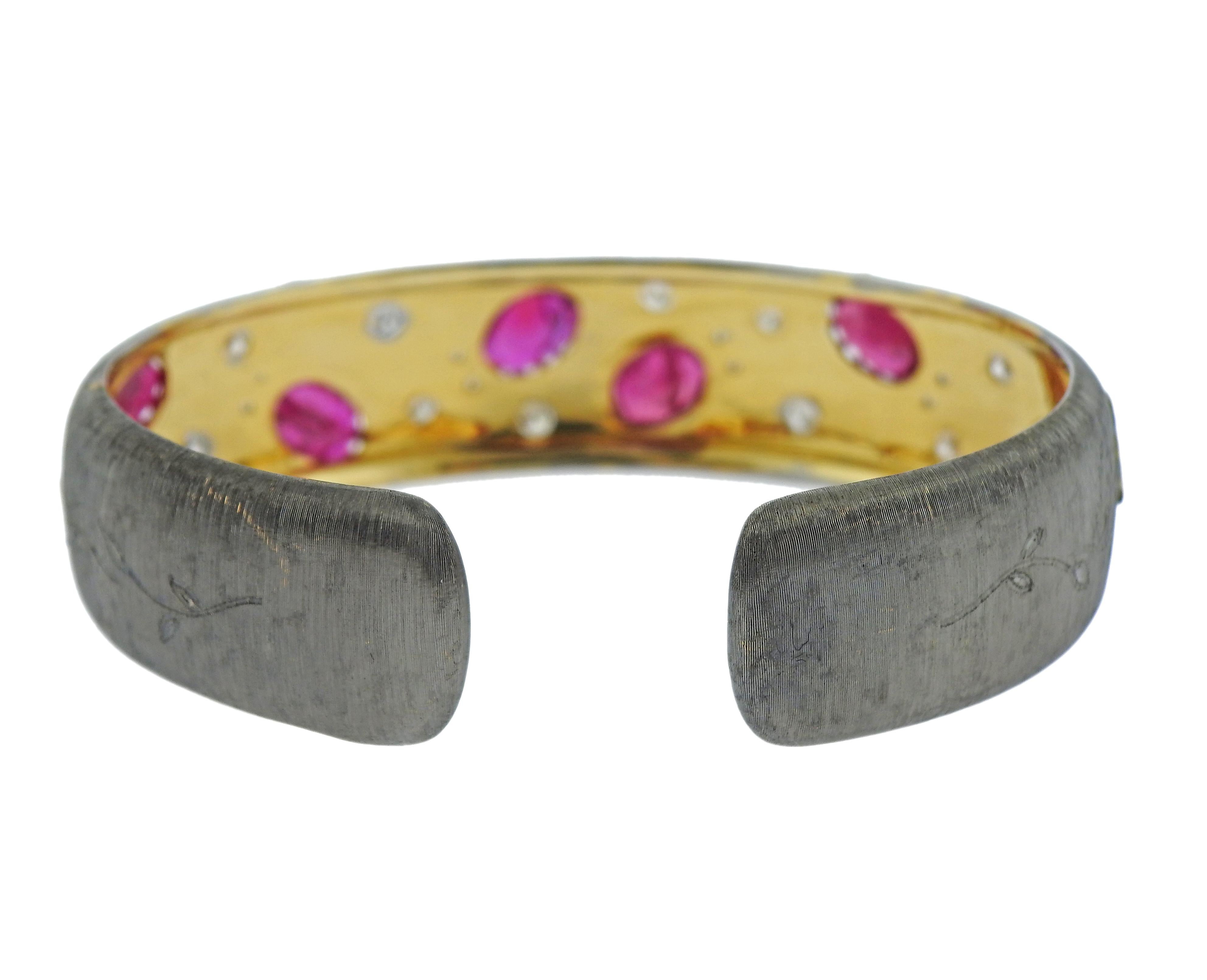 Round Cut Ruby Diamond Gold Cuff Bracelet