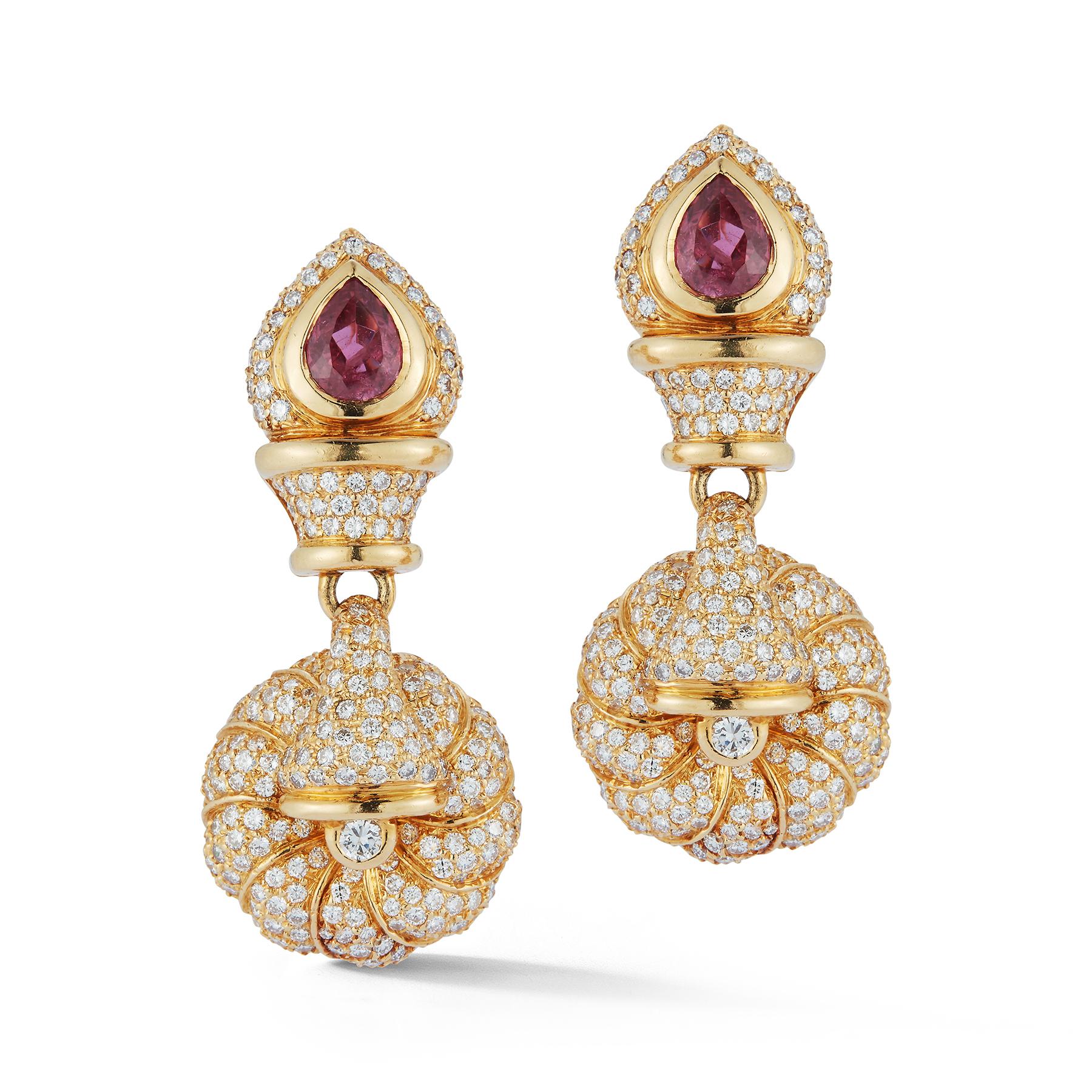 Ruby & Diamond Gold Dangle Earrings 

2 pear shape rubies approximately 1.95 cts 

pave round cut diamonds approximately 6.00 cts  

Back Type: Clip On

Measurements: 1.5