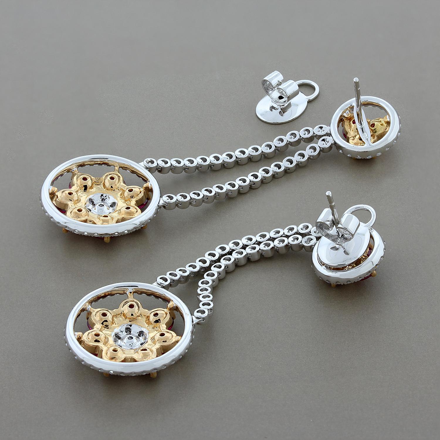 Mixed Cut Ruby Diamond Gold Flower Cluster Flexible Dangle Earrings For Sale