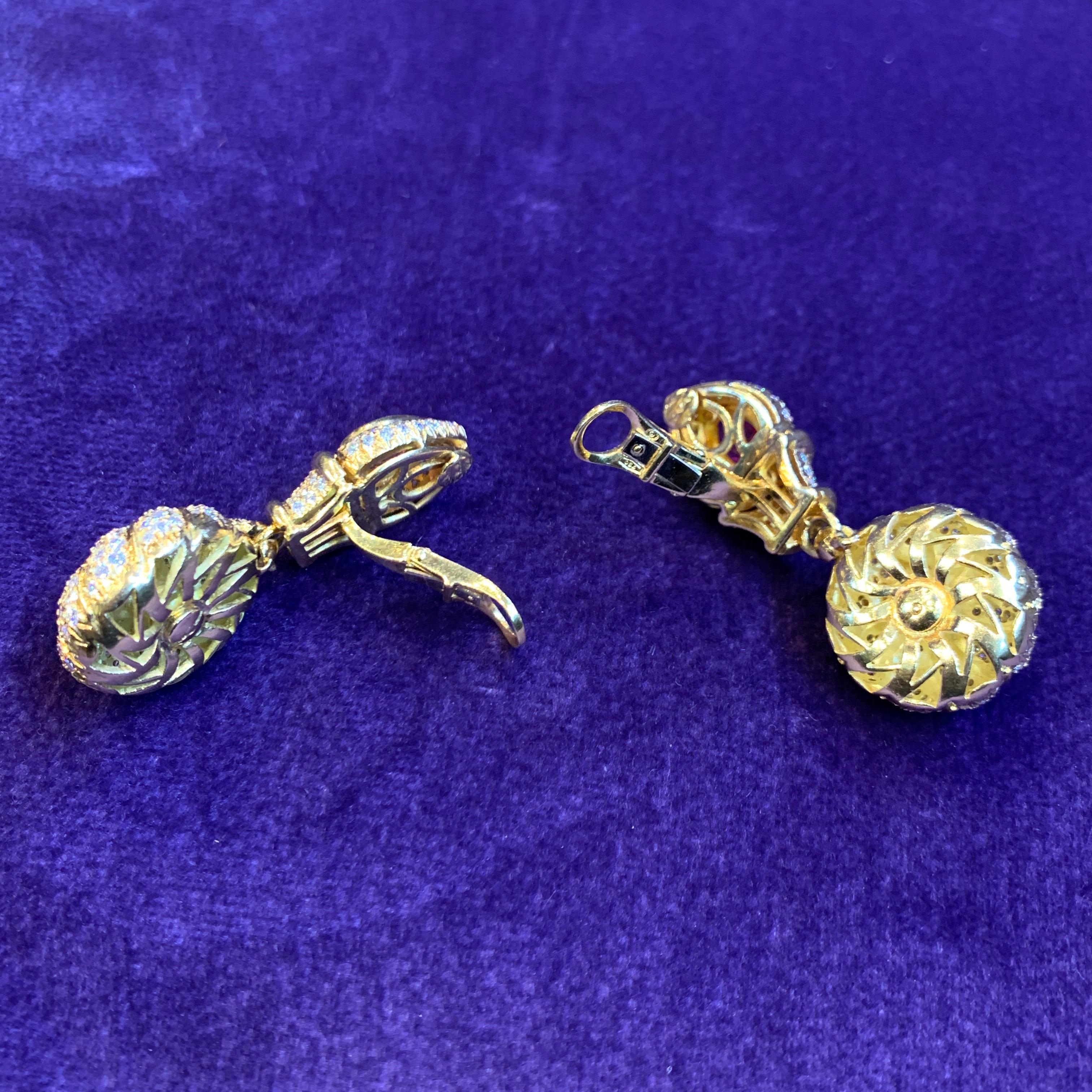 Pear Cut Ruby & Diamond Gold Dangle Earrings For Sale