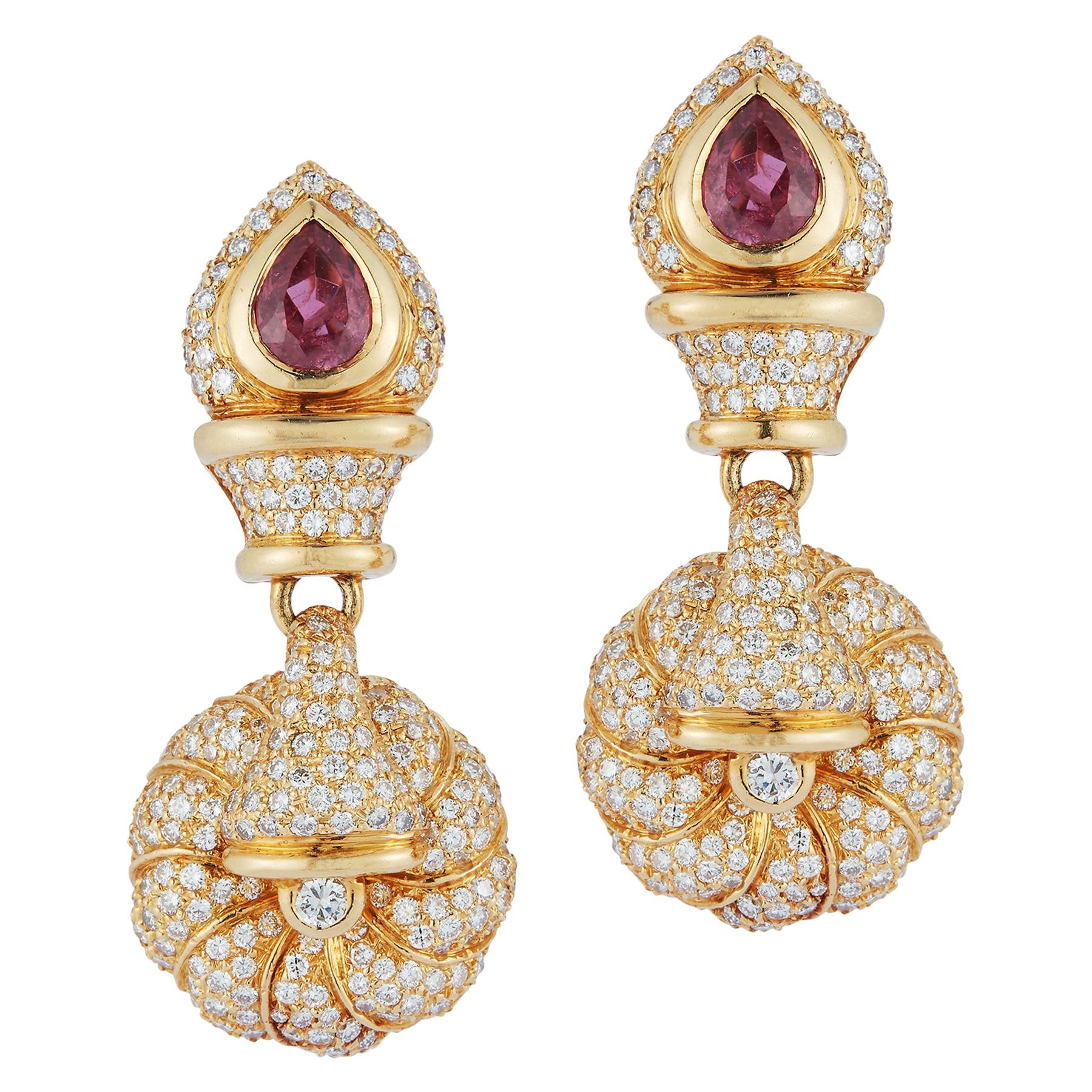 Ruby & Diamond Gold Dangle Earrings For Sale