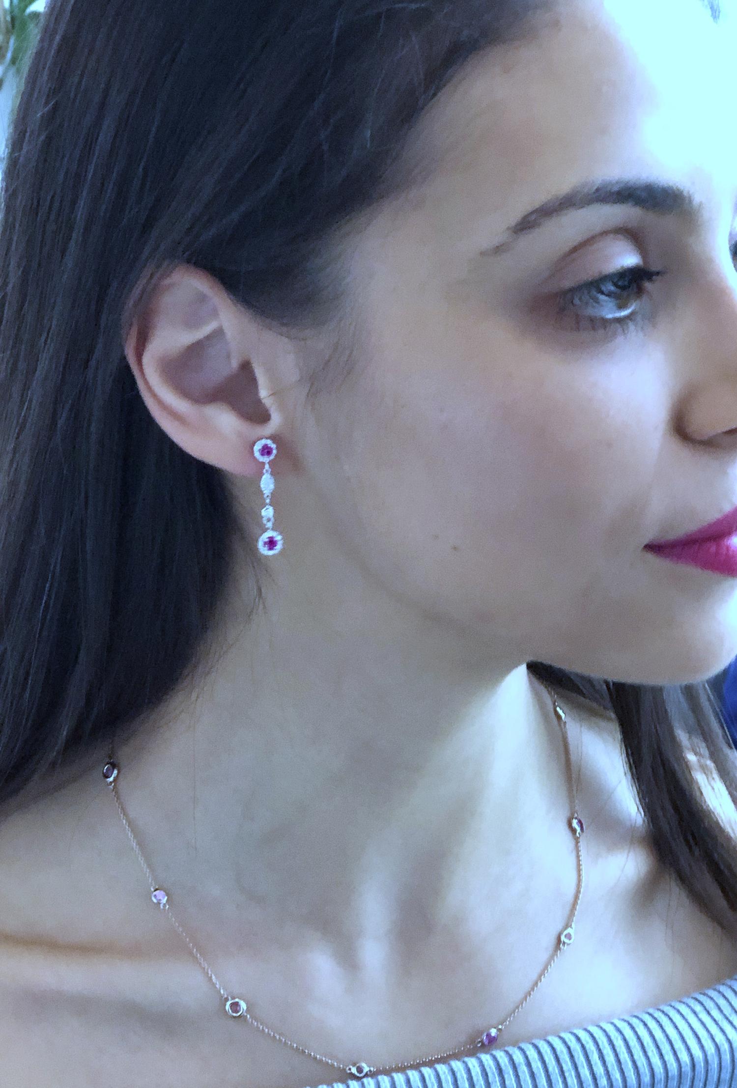 Women's Ruby Diamond Gold One Inch Long Drop Earrings Weighing 1.90 Carat