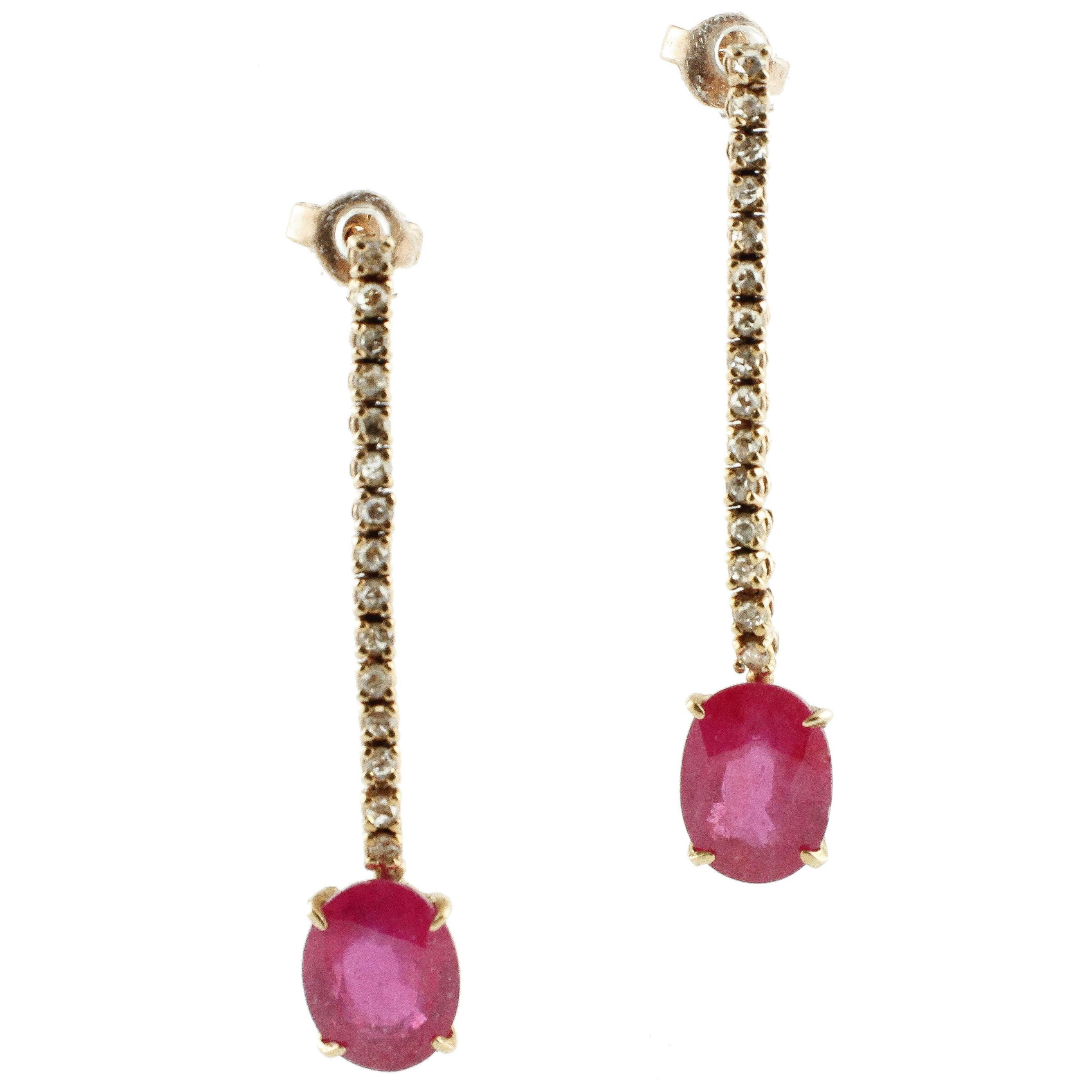 Ruby Diamond Gold Drop Earrings For Sale