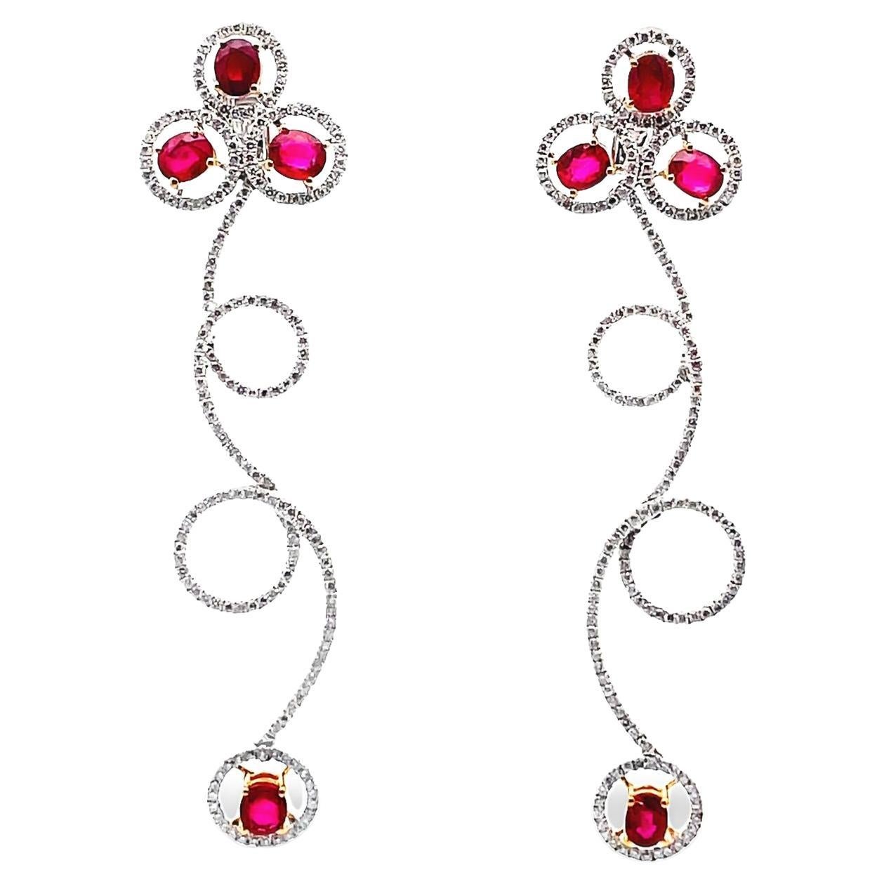 Ruby Diamond Gold Drop Spiral Earrings For Sale