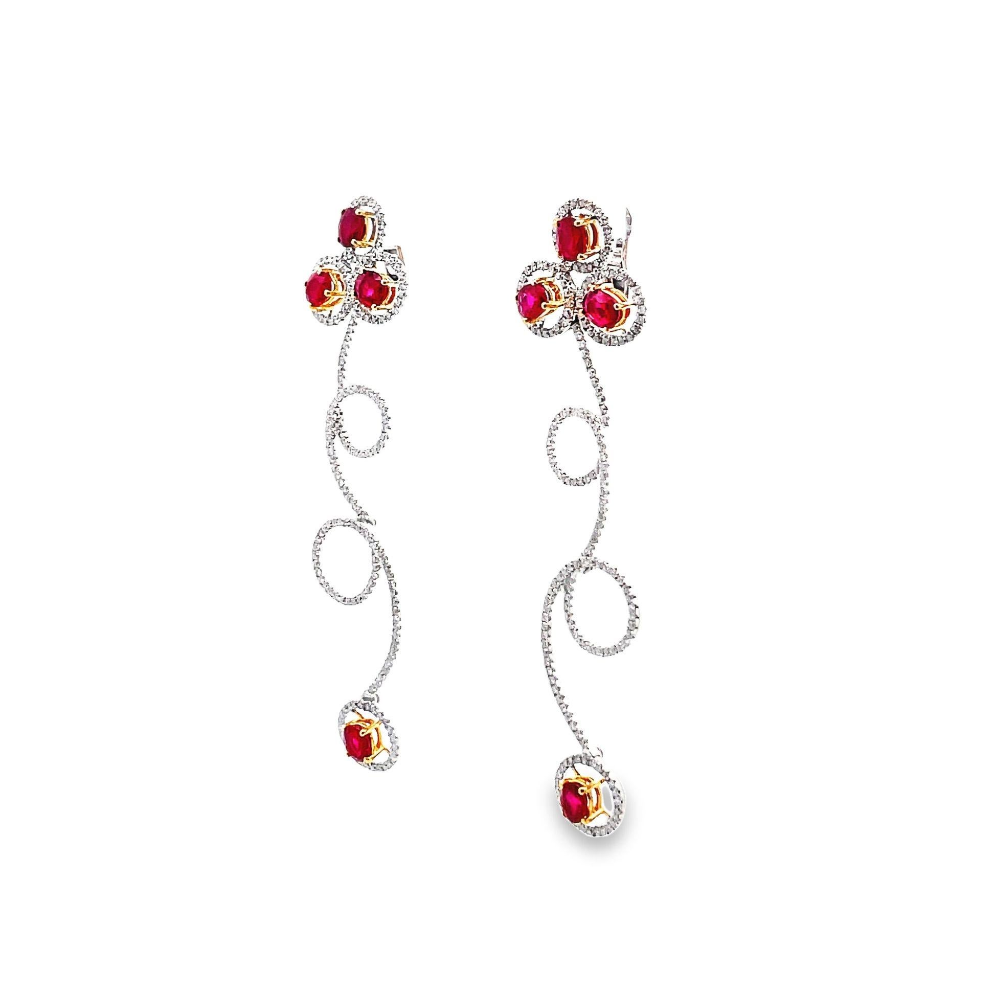 Round Cut Ruby Diamond Gold Drop Spiral Earrings For Sale