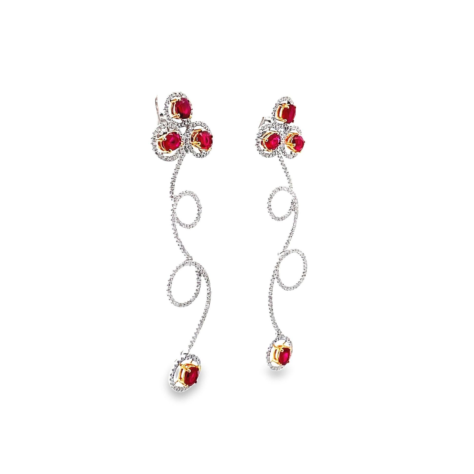 Ruby Diamond Gold Drop Spiral Earrings For Sale 4