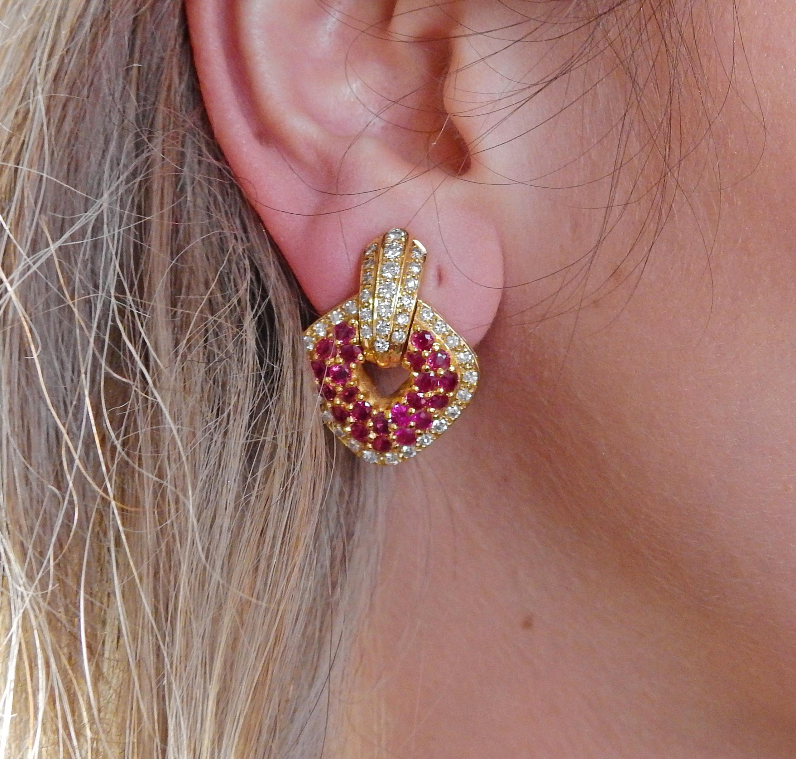 Women's Ruby Diamond Gold Earrings For Sale