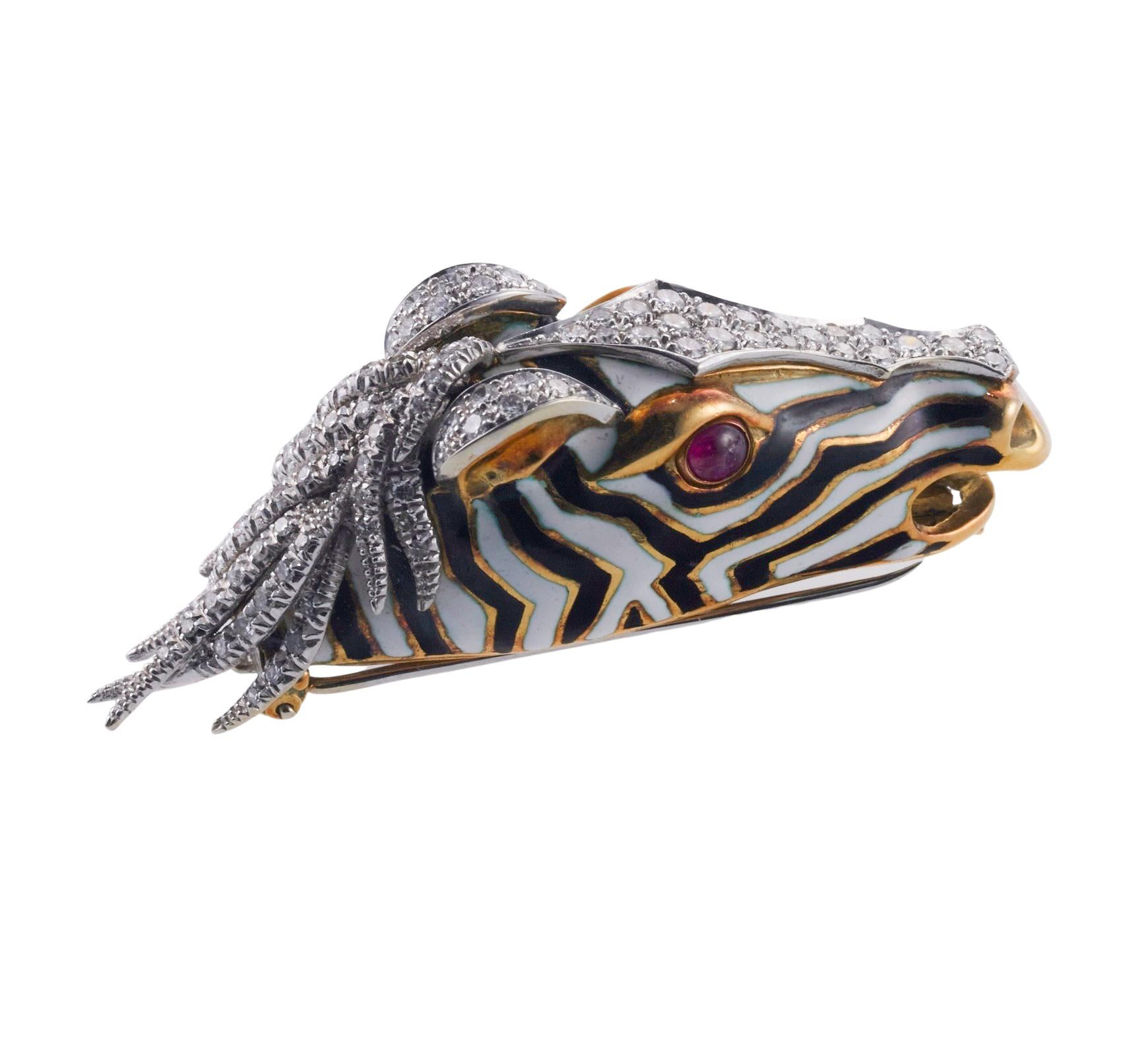 Ruby Diamond Gold Enamel Zebra Brooch In Excellent Condition For Sale In New York, NY