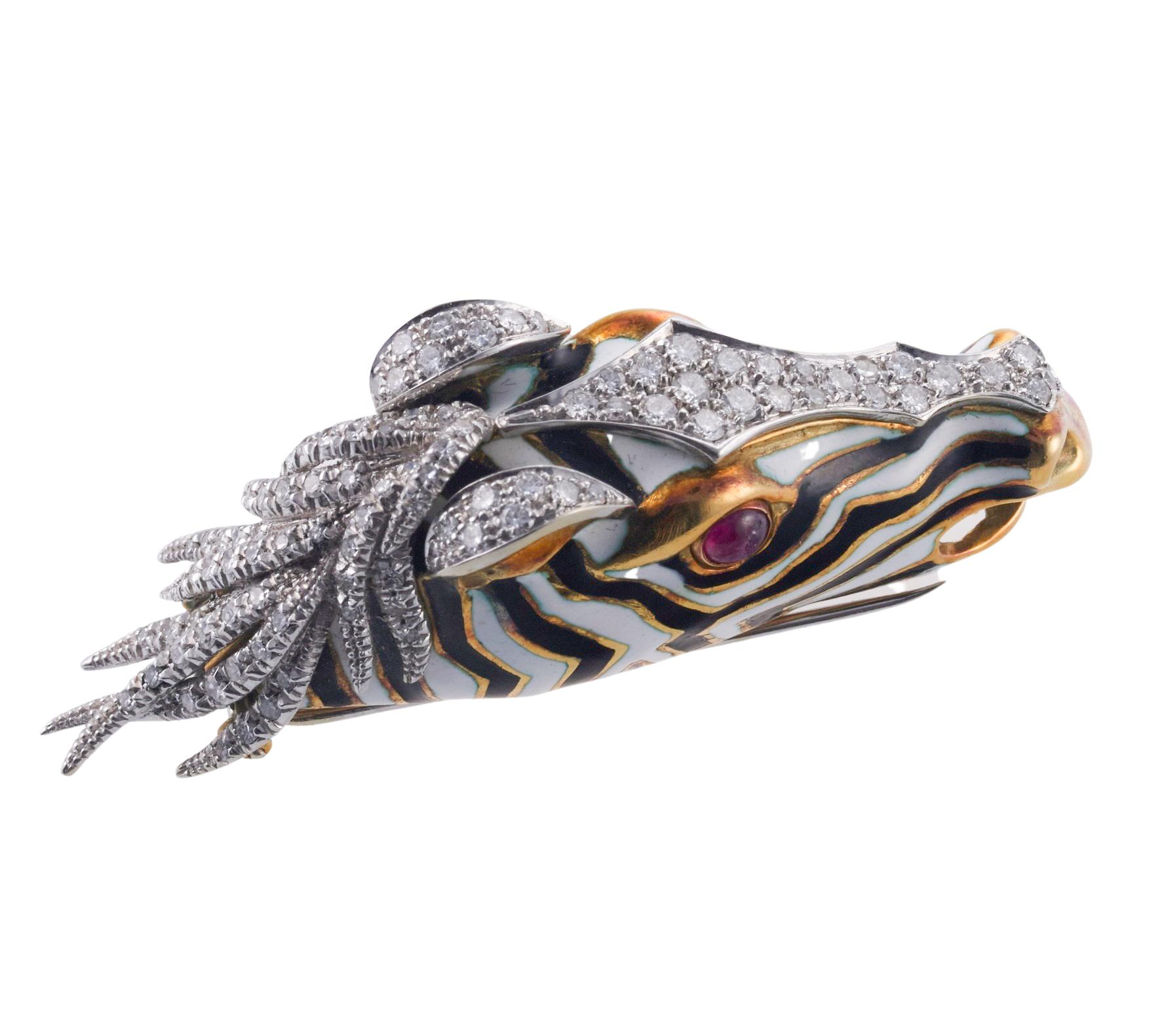 Women's or Men's Ruby Diamond Gold Enamel Zebra Brooch For Sale