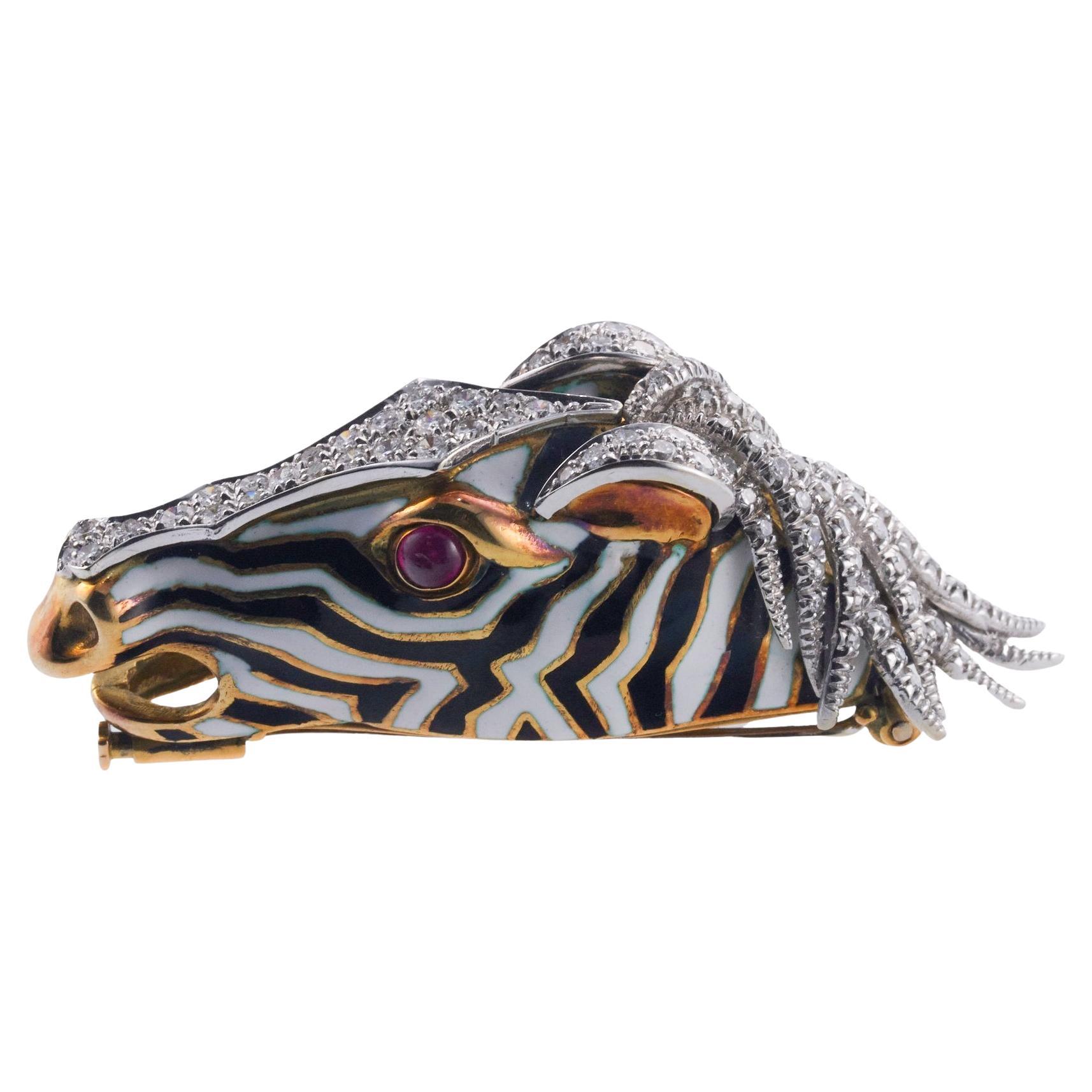 Ruby Diamond Gold Enamel Zebra Brooch For Sale