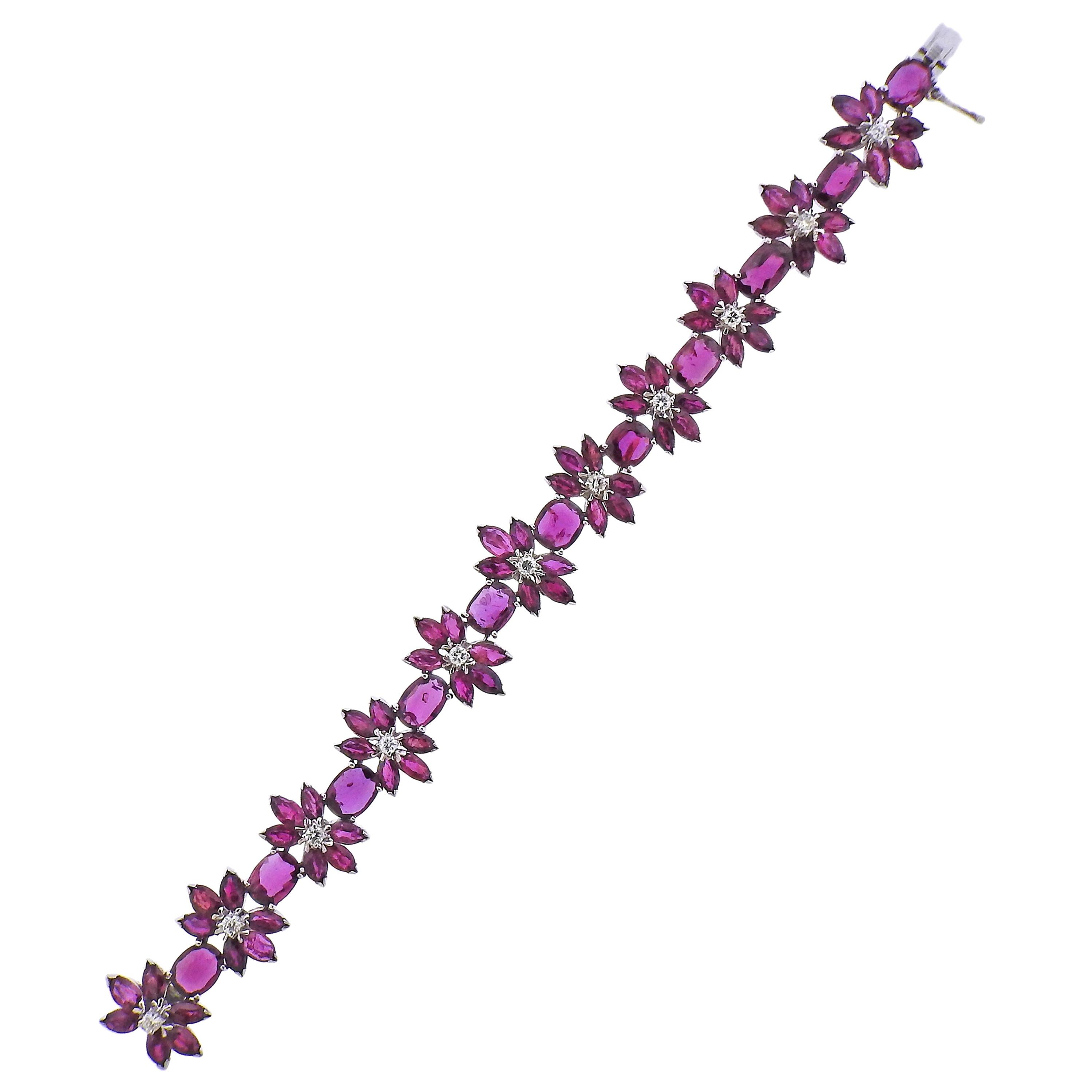 Ruby Diamond Gold Floral Bracelet For Sale