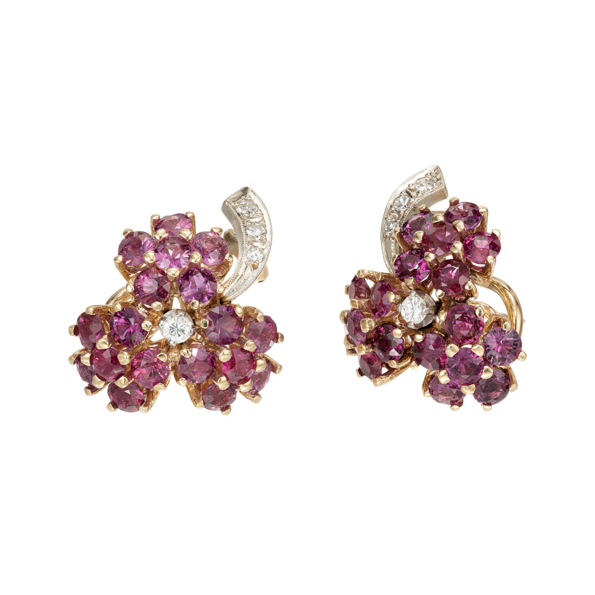 Round Cut Ruby Diamond Gold Flower Cluster Clip Post Earrings For Sale