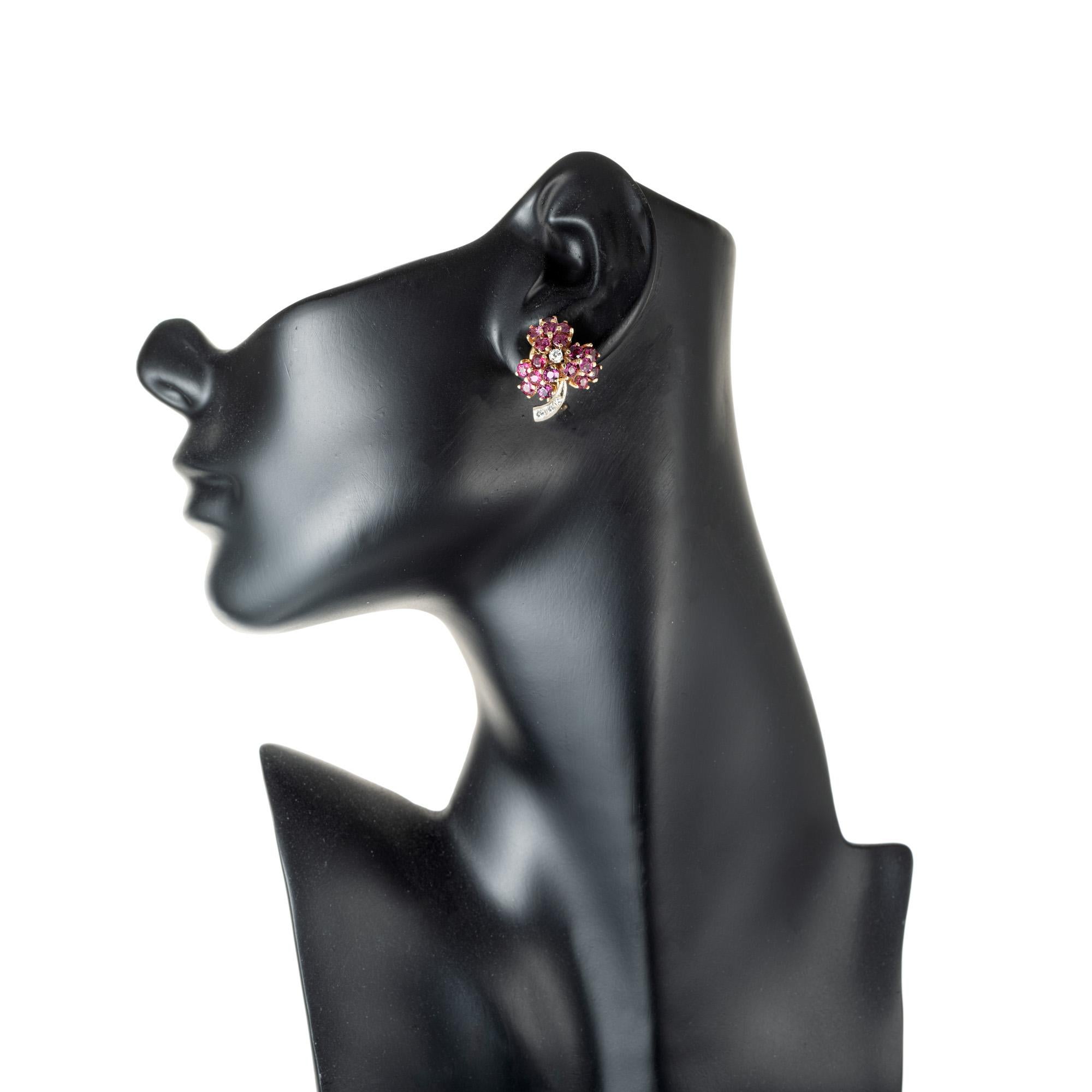 Women's Ruby Diamond Gold Flower Cluster Clip Post Earrings For Sale