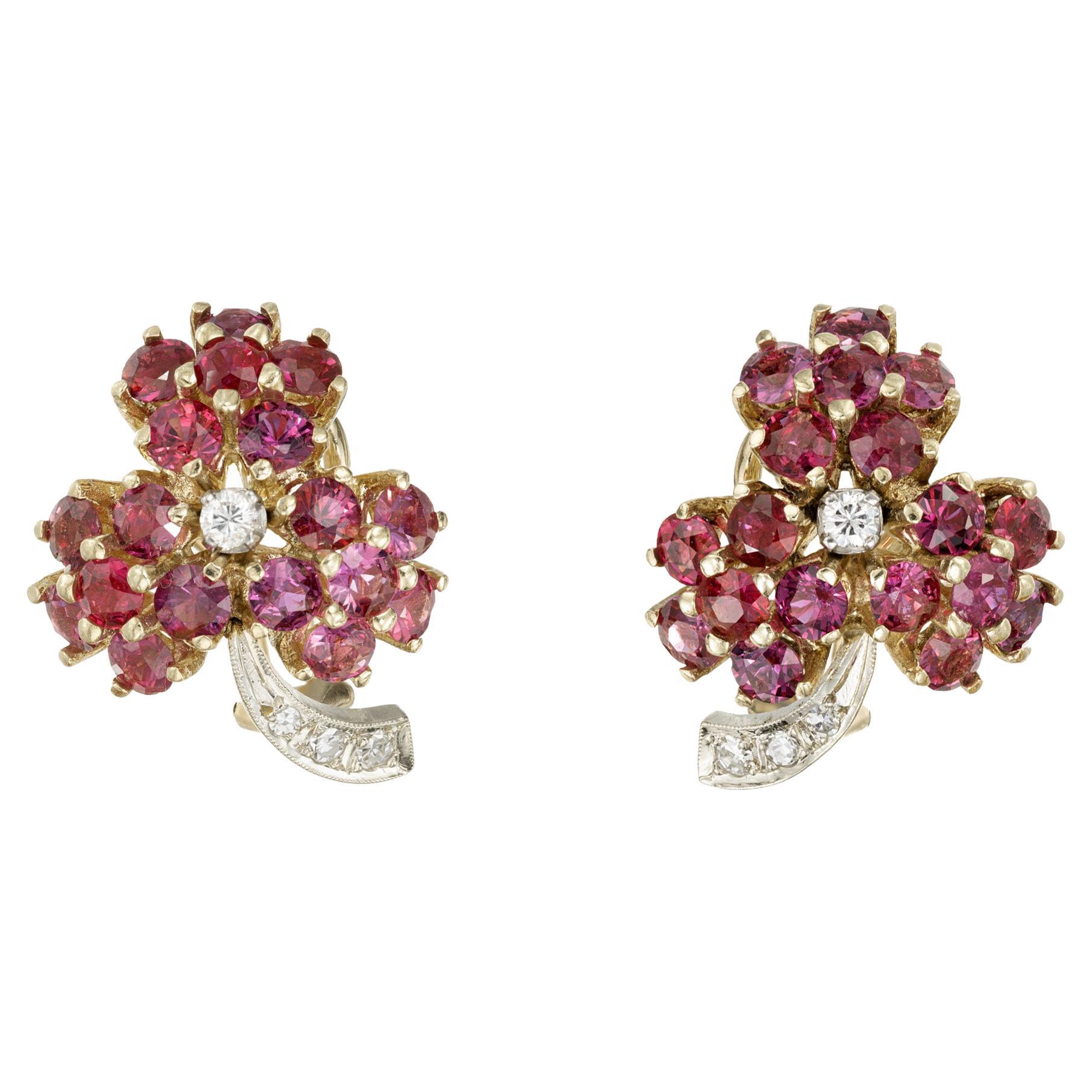 Ruby Diamond Gold Flower Cluster Clip Post Earrings For Sale