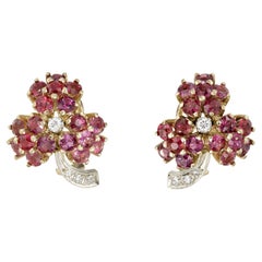 Vintage Ruby Diamond Gold Flower Cluster Clip Post Earrings
