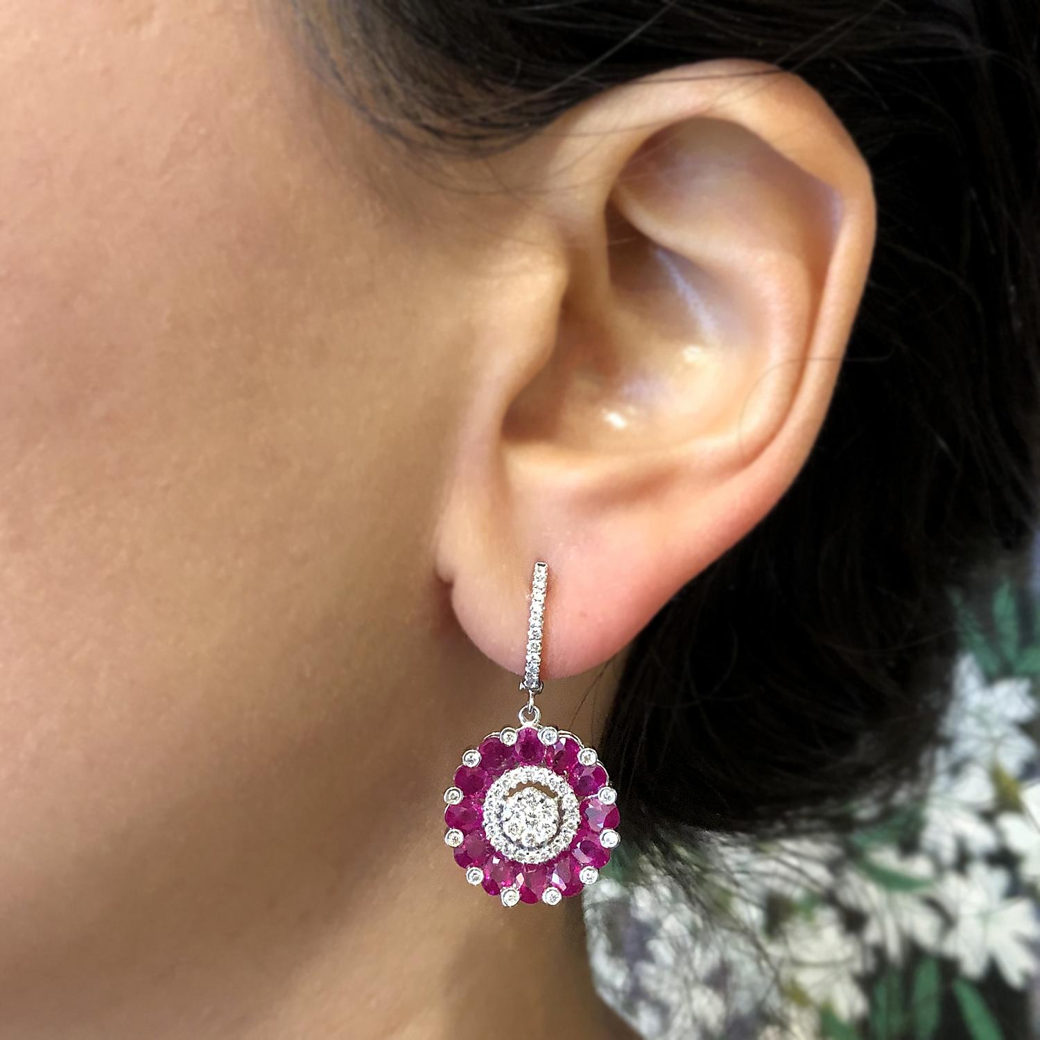 Women's Ruby Diamond Gold Flower Cluster Drop Earrings For Sale