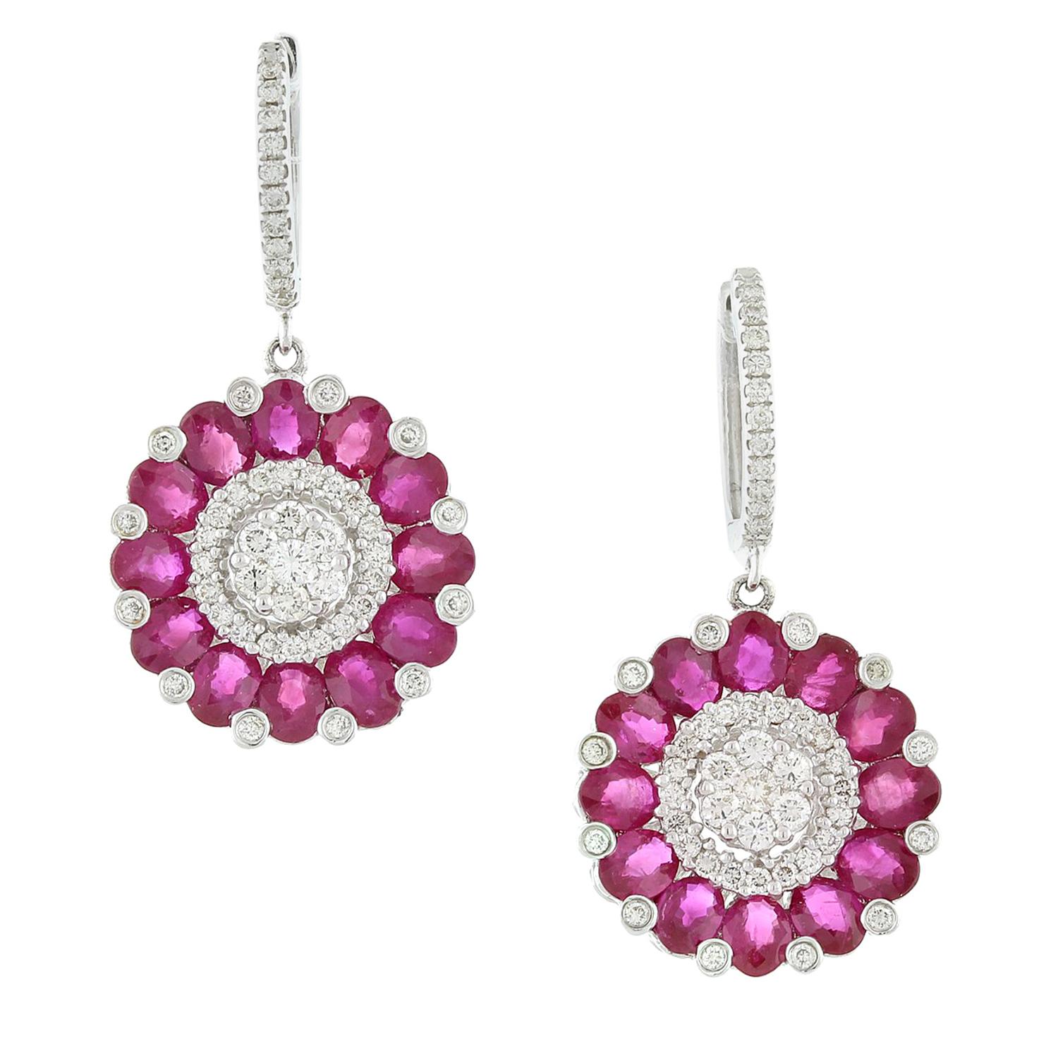 Ruby Diamond Gold Flower Cluster Drop Earrings For Sale