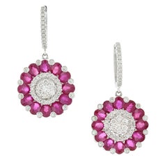 Ruby Diamond Gold Flower Cluster Drop Earrings