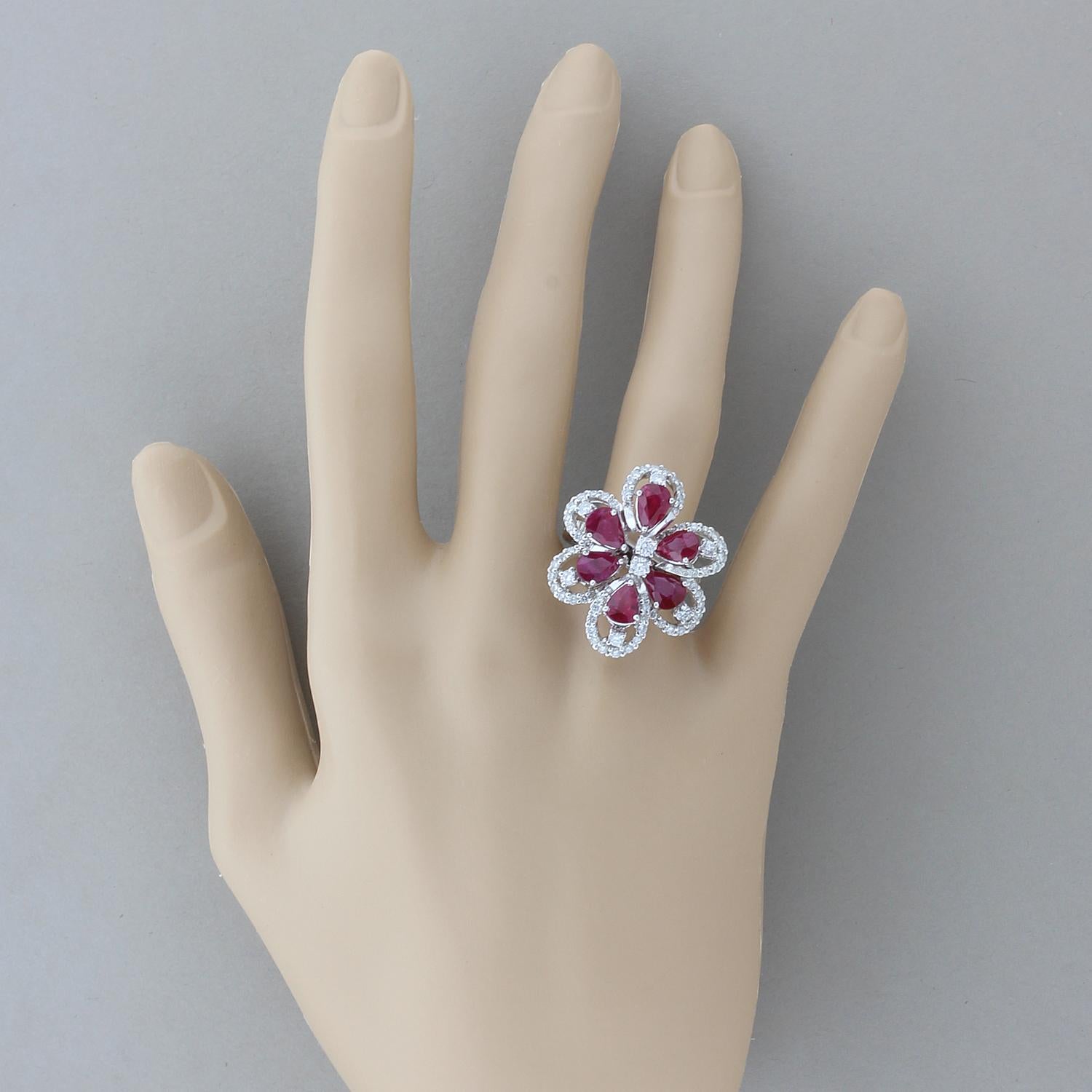 Women's Ruby Diamond Gold Flower Cocktail Ring For Sale