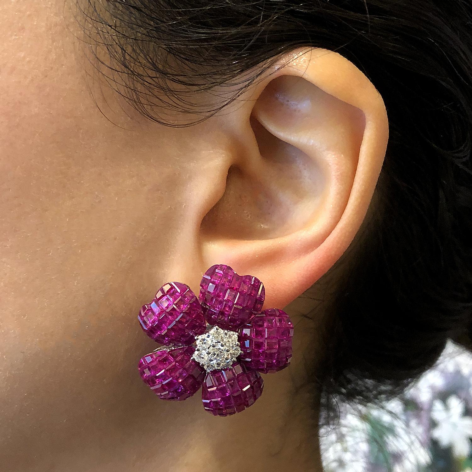 Ruby Diamond Gold Flower Ear-Clip Earrings 1