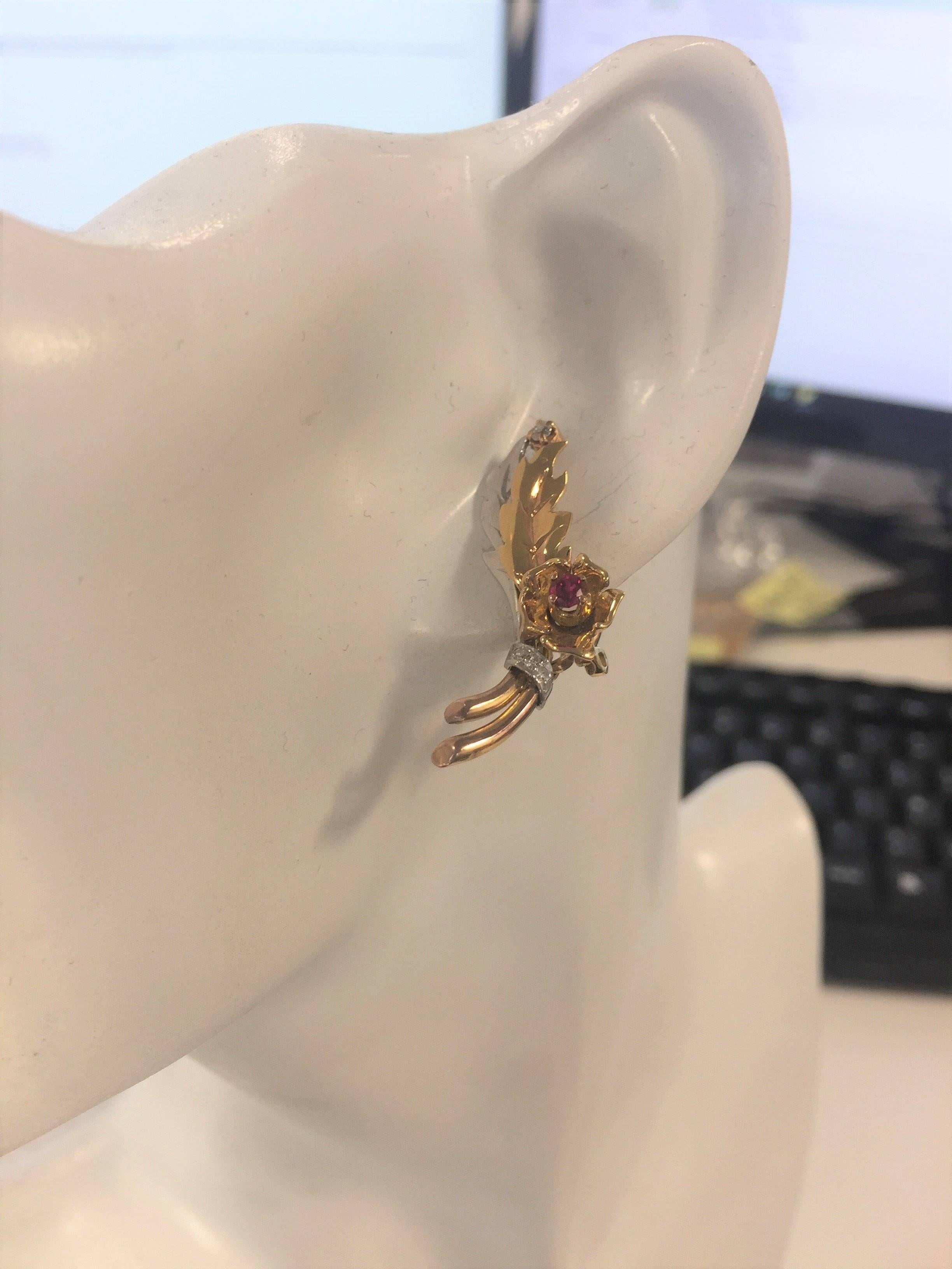  Ruby Diamond Gold Flower Clip-On Earrings In Good Condition For Sale In Birmingham, GB