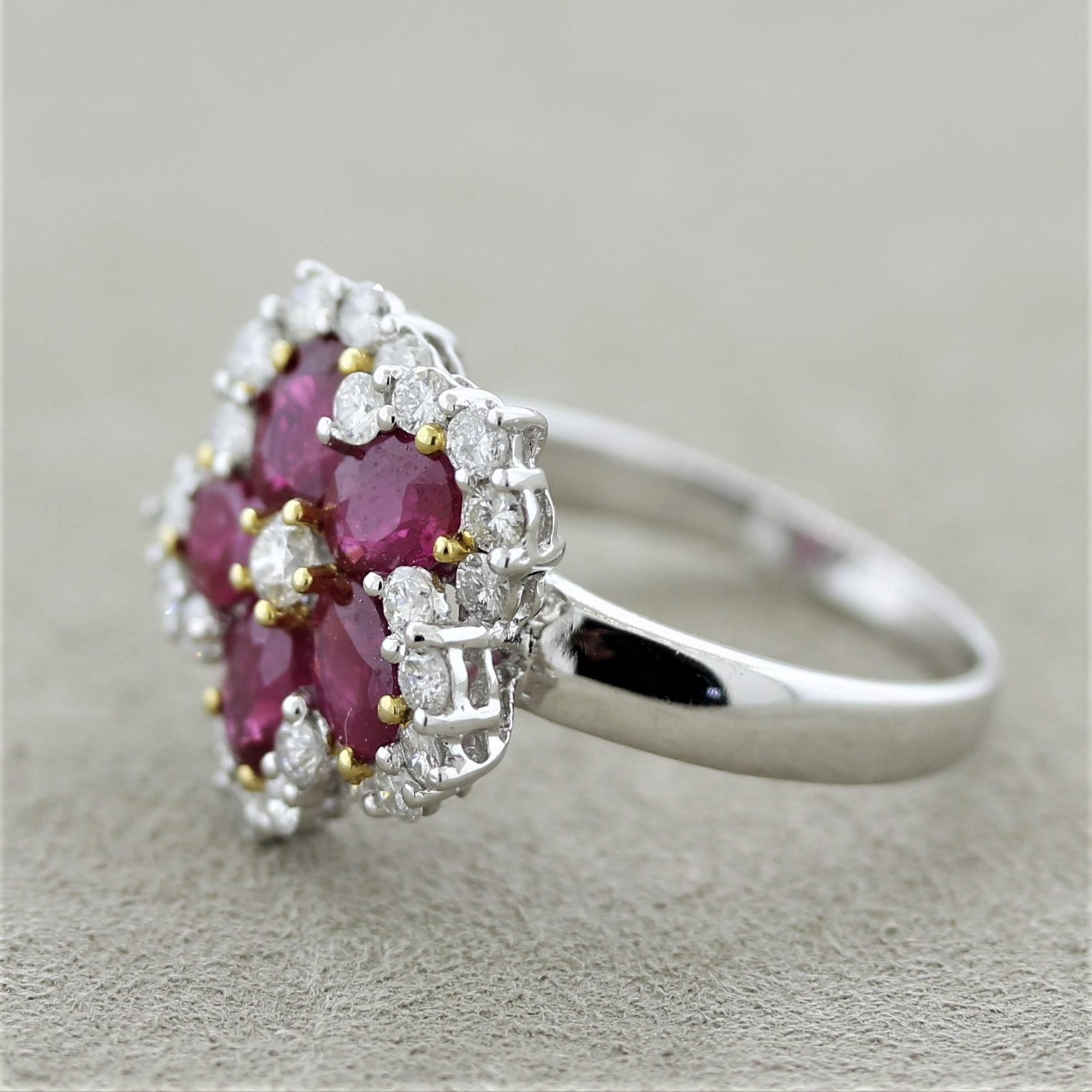 Mixed Cut Ruby Diamond Gold Flower Ring For Sale