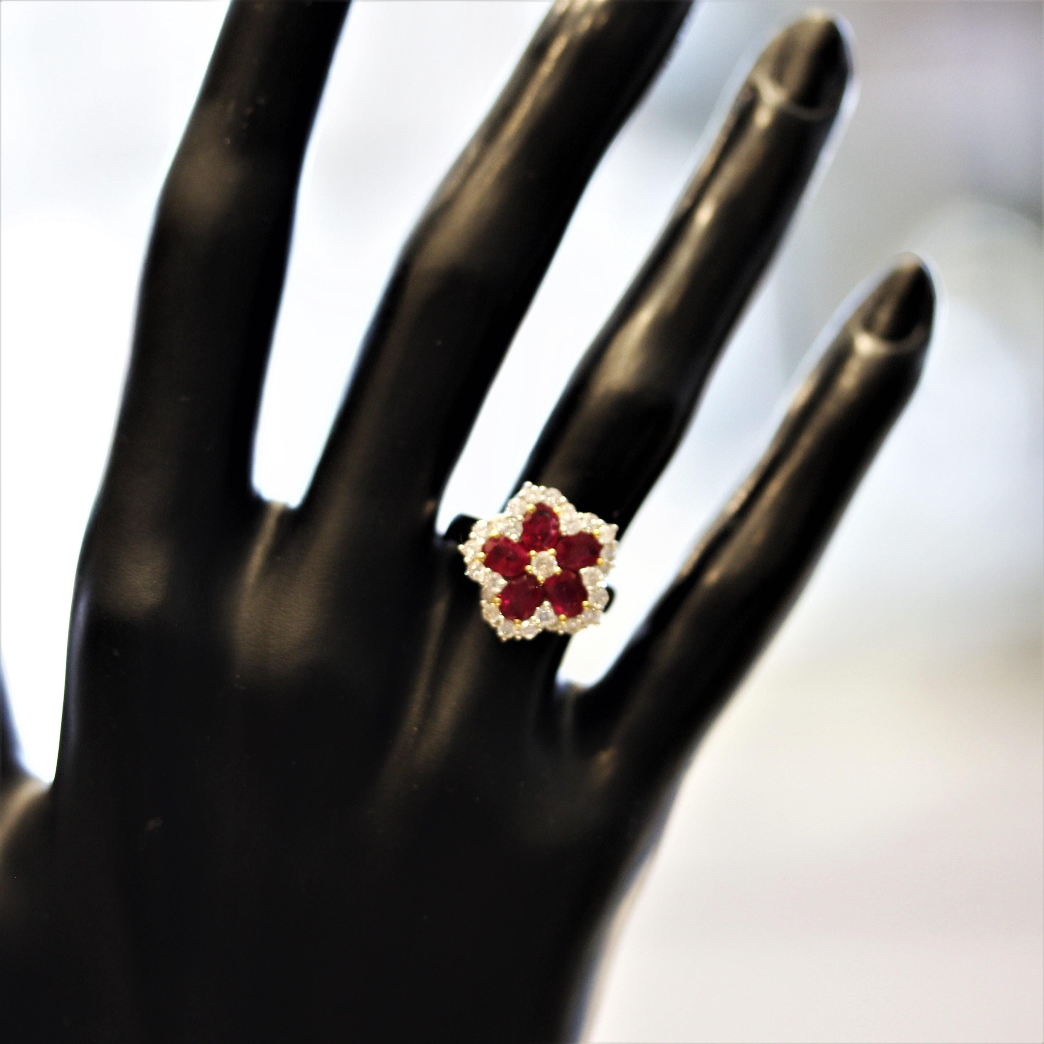 Ruby Diamond Gold Flower Ring For Sale 1