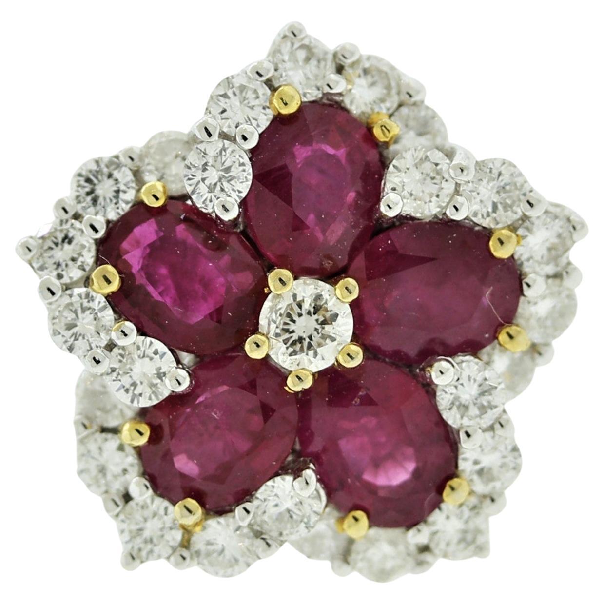 Ruby Diamond Gold Flower Ring For Sale