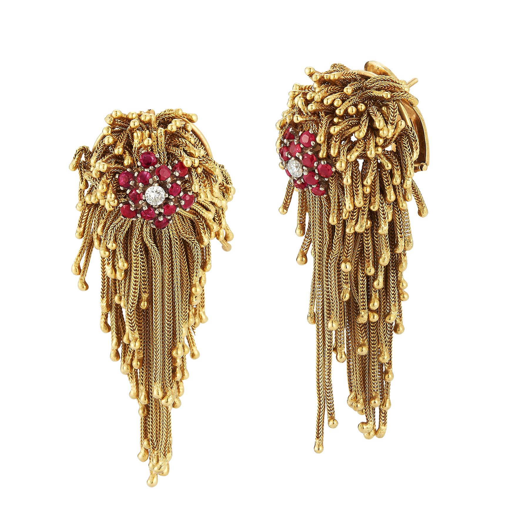 Rubin & Diamant Gold Fransen Ohrringe & Brosche Set (Rundschliff)