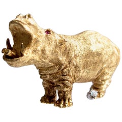 Ruby Diamond Gold Hippopotamus  Pin