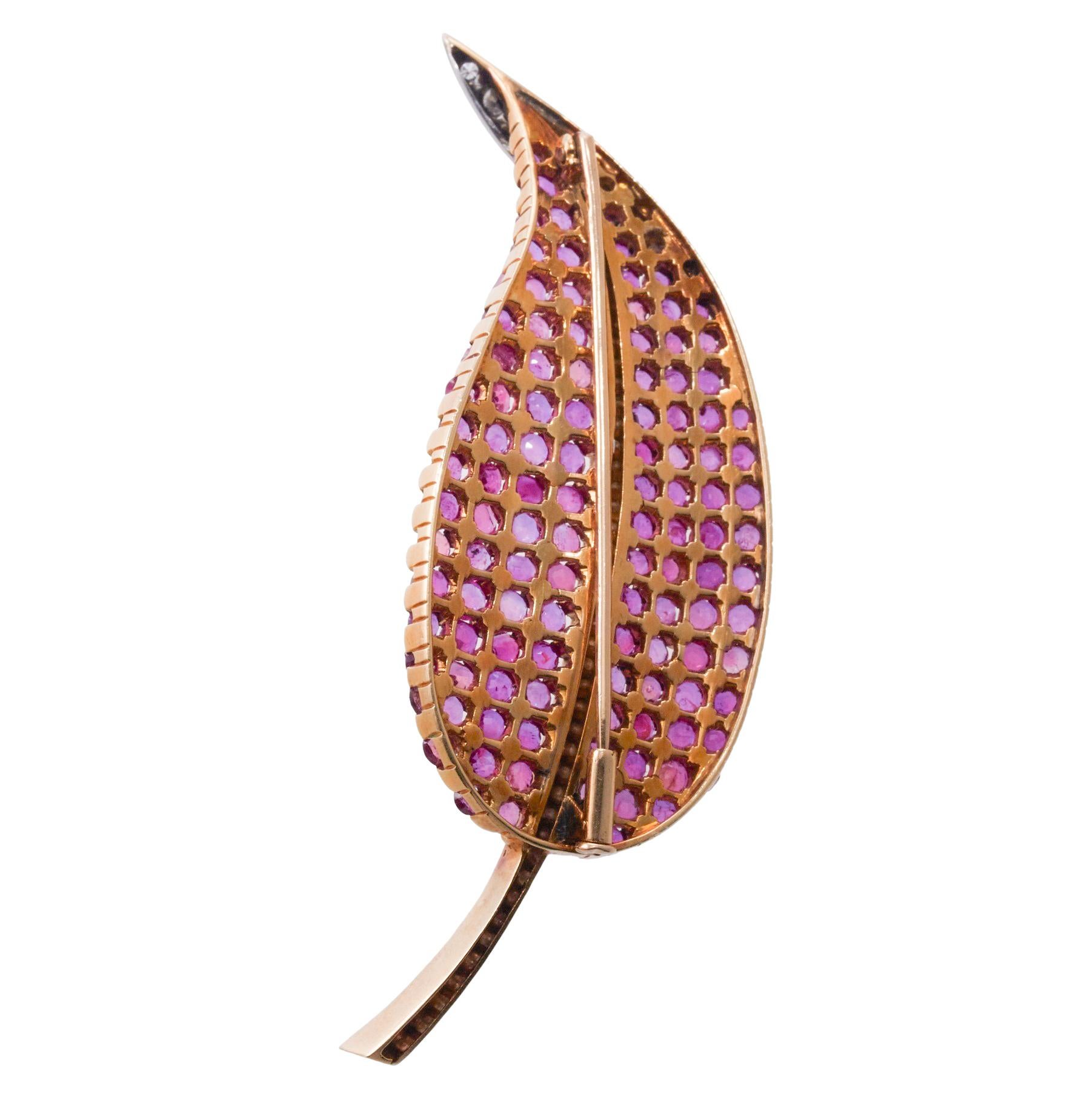 Ruby Diamond Gold Leaf Brooch Pin For Sale 1
