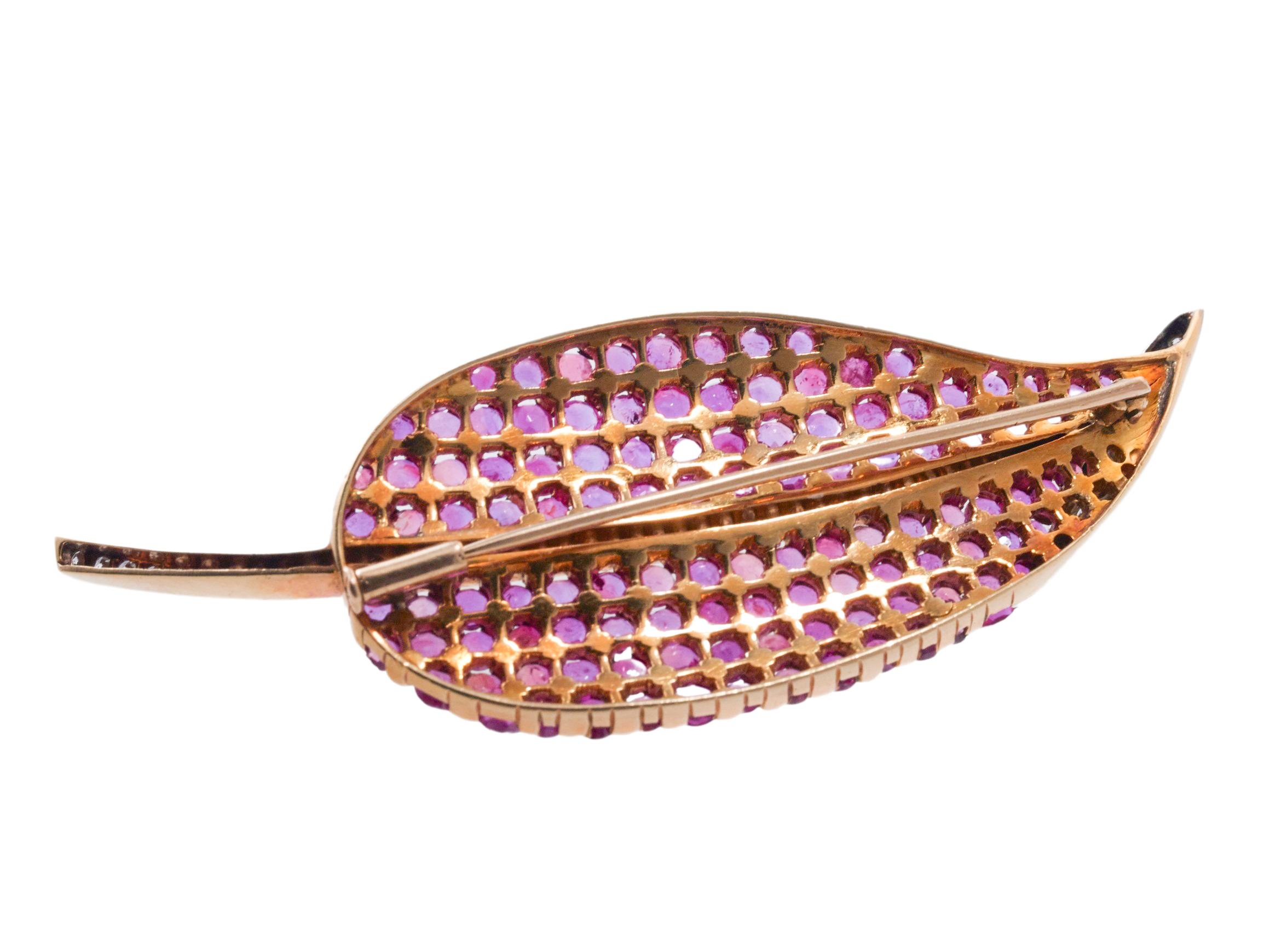 Ruby Diamond Gold Leaf Brooch Pin For Sale 2