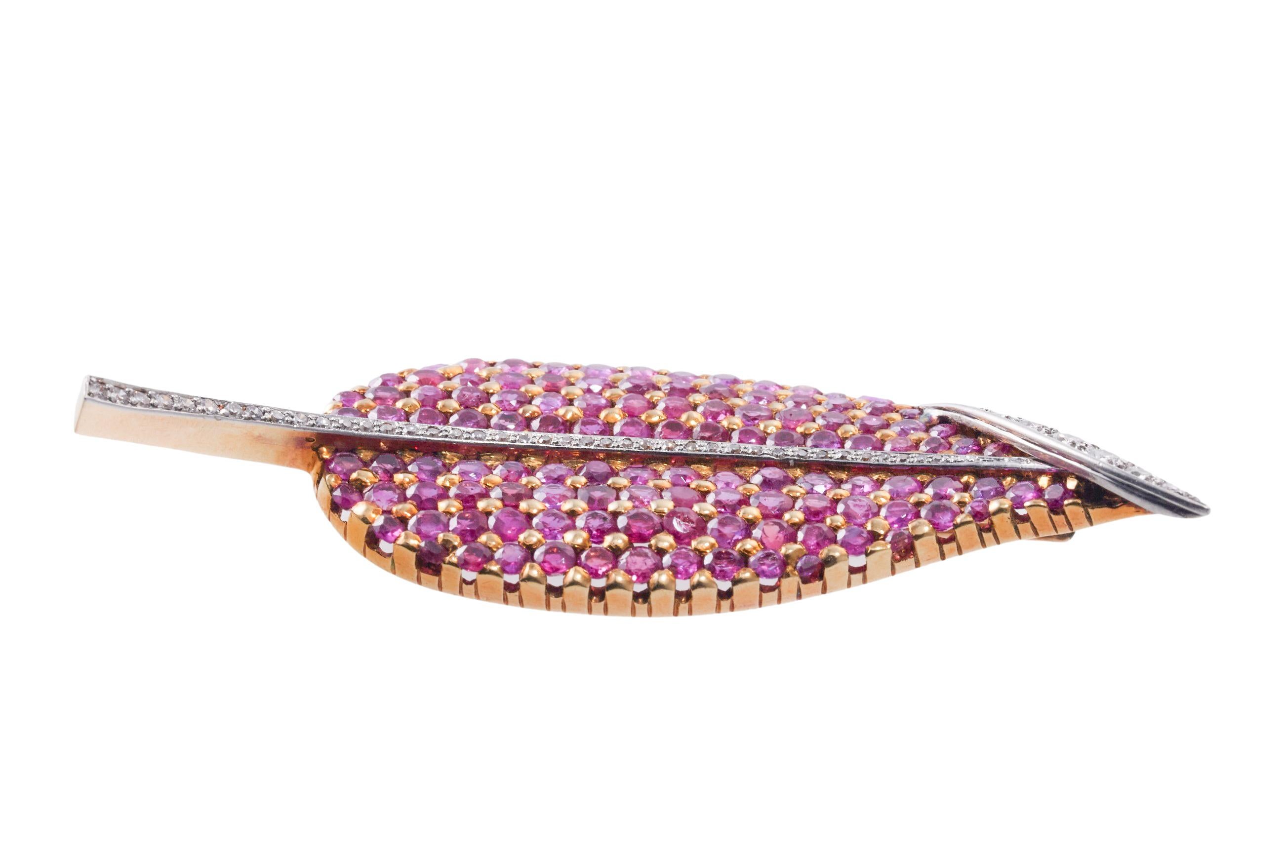 Ruby Diamond Gold Leaf Brooch Pin For Sale 3