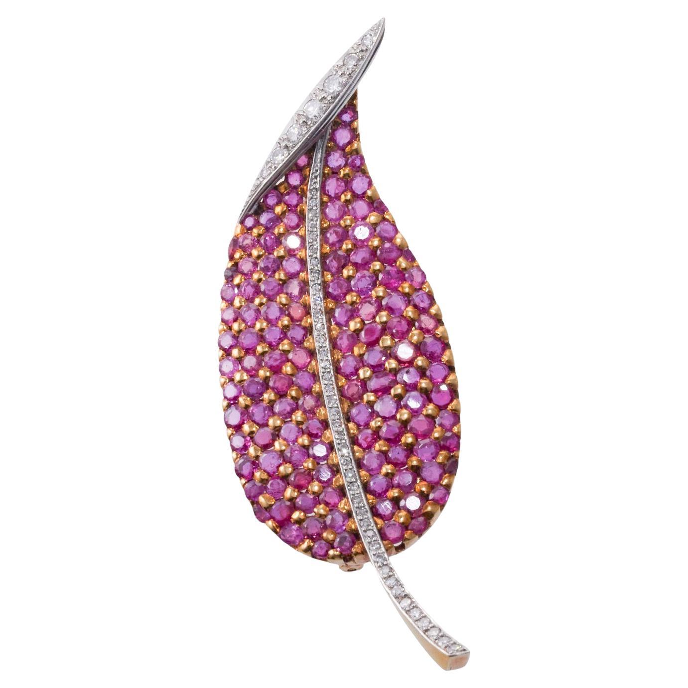 Ruby Diamond Gold Leaf Brooch Pin