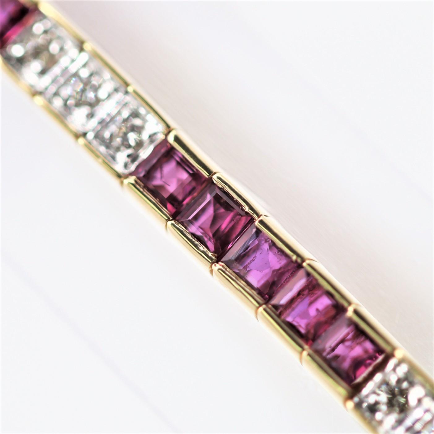 A classy and stylish line bracelet featuring 5.20 carats of square French-cut rubies along with 0.45 carats of round brilliant-cut diamonds. The rubies have an intense red color and are accented by the diamonds which add brilliance to the bracelet.
