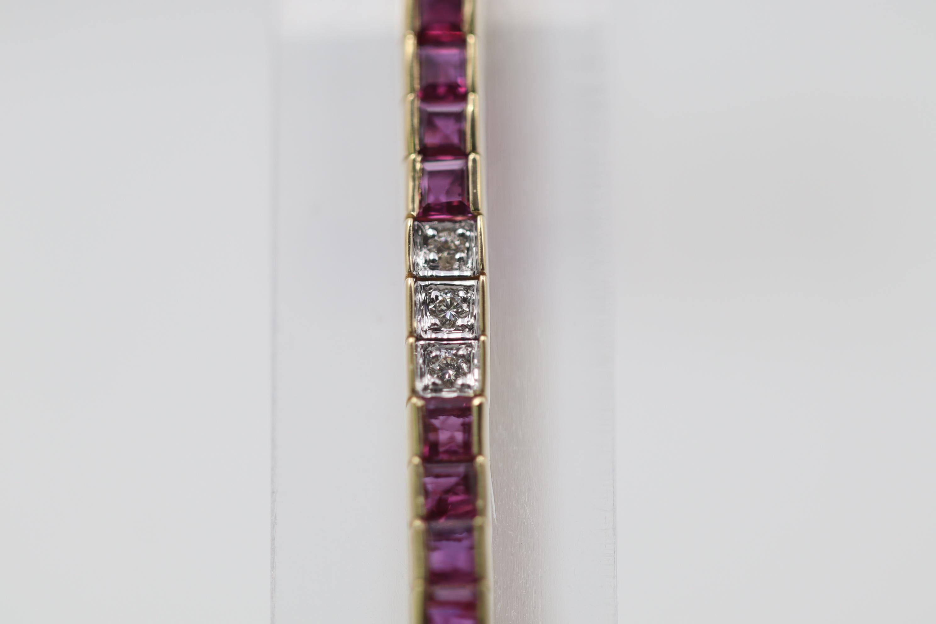 Mixed Cut Ruby Diamond Gold Line Tennis Bracelet For Sale