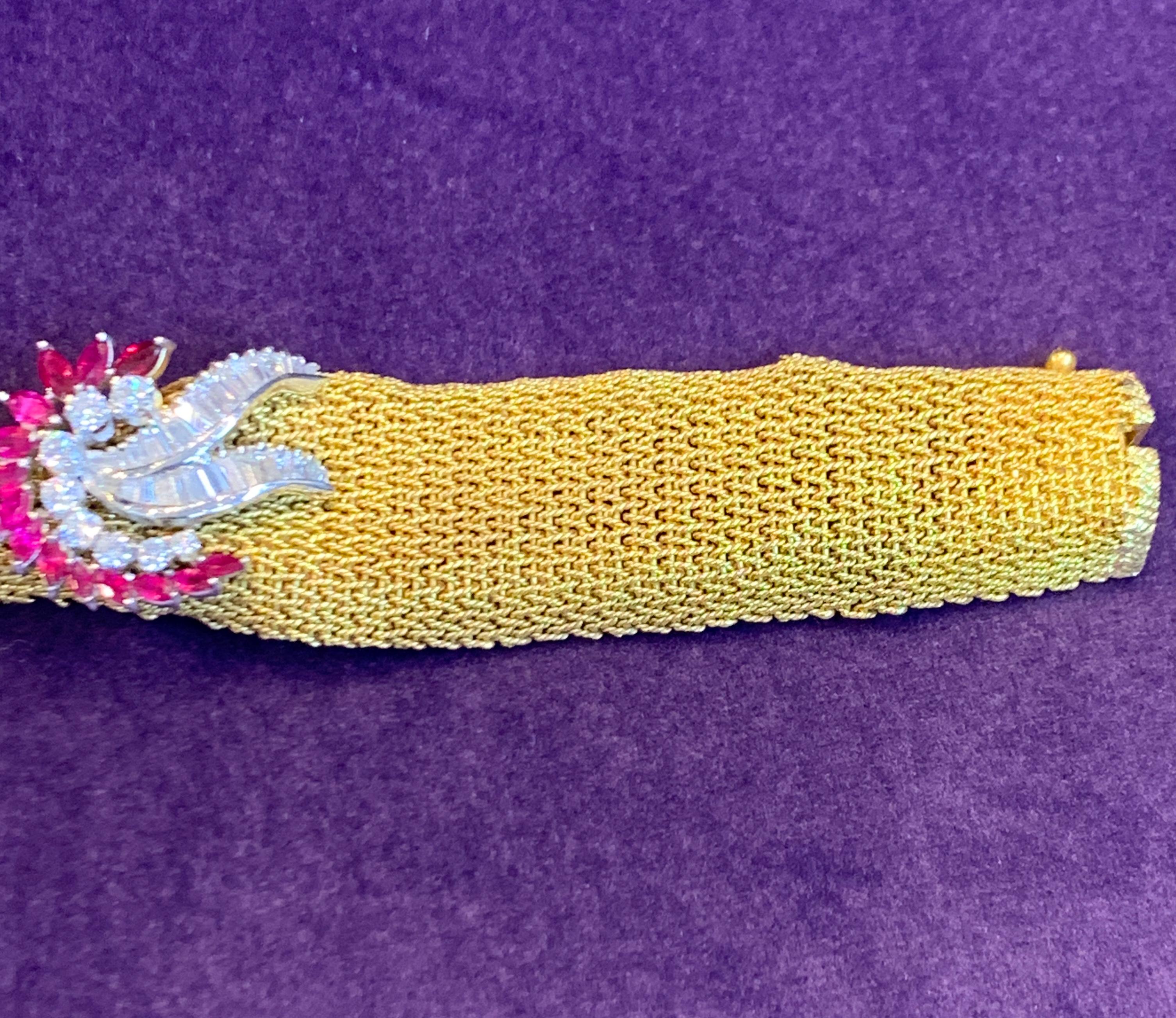 Marquise Cut Ruby and Diamond Gold Mesh Bracelet For Sale