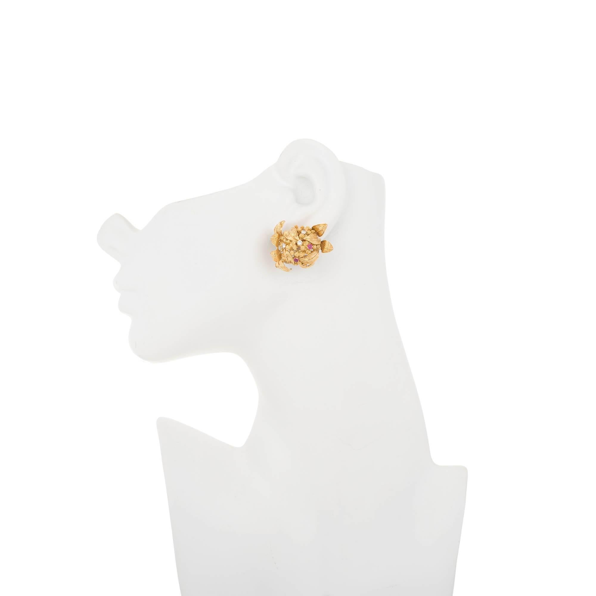 Women's Ruby Diamond Gold Midcentury 3-D Clip Post Earrings