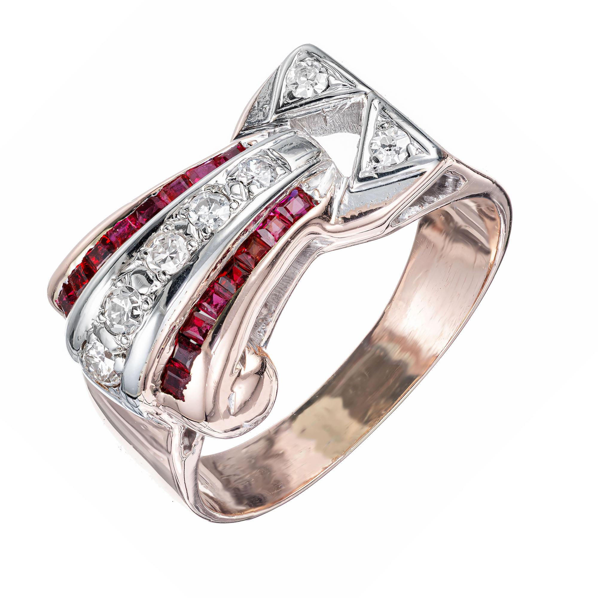 1930's Retro diamond and ruby 14k rose gold and palladium band ring. 16 square cut rubies with a row of 5 diamonds in the center and 2 accent diamonds. Circa 1935.

7 single cut diamonds, approx. total weight .21cts, F – G, VS
16 square gem red