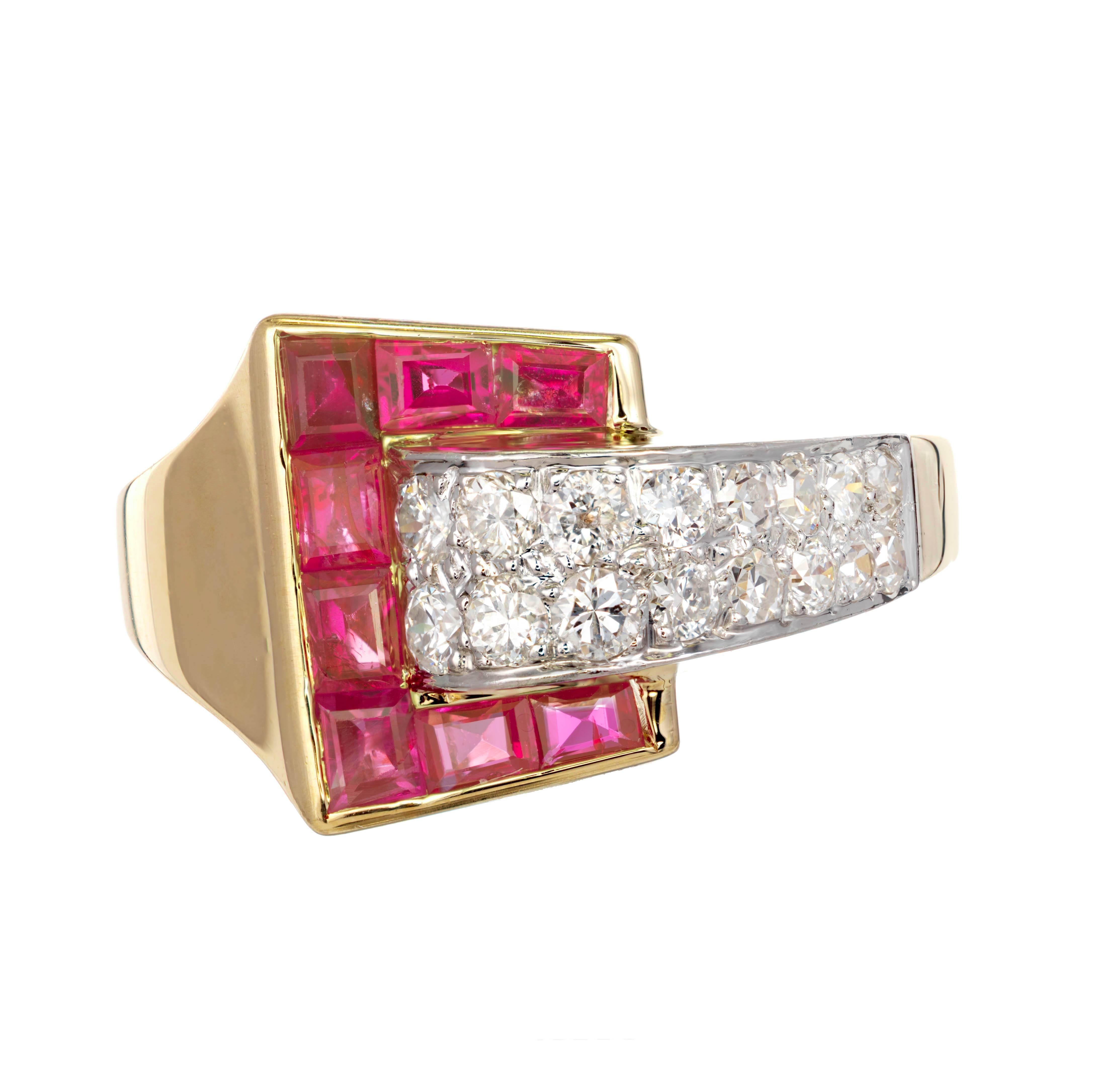 Ruby and diamond Buckle style cocktail ring. Solid 18k yellow gold and Platinum under fine white well cut diamonds. Natural no heat untreated genuine Rubies with a GIA certified. 

GIA certified #2145503818 natural no heat and no enhancement step