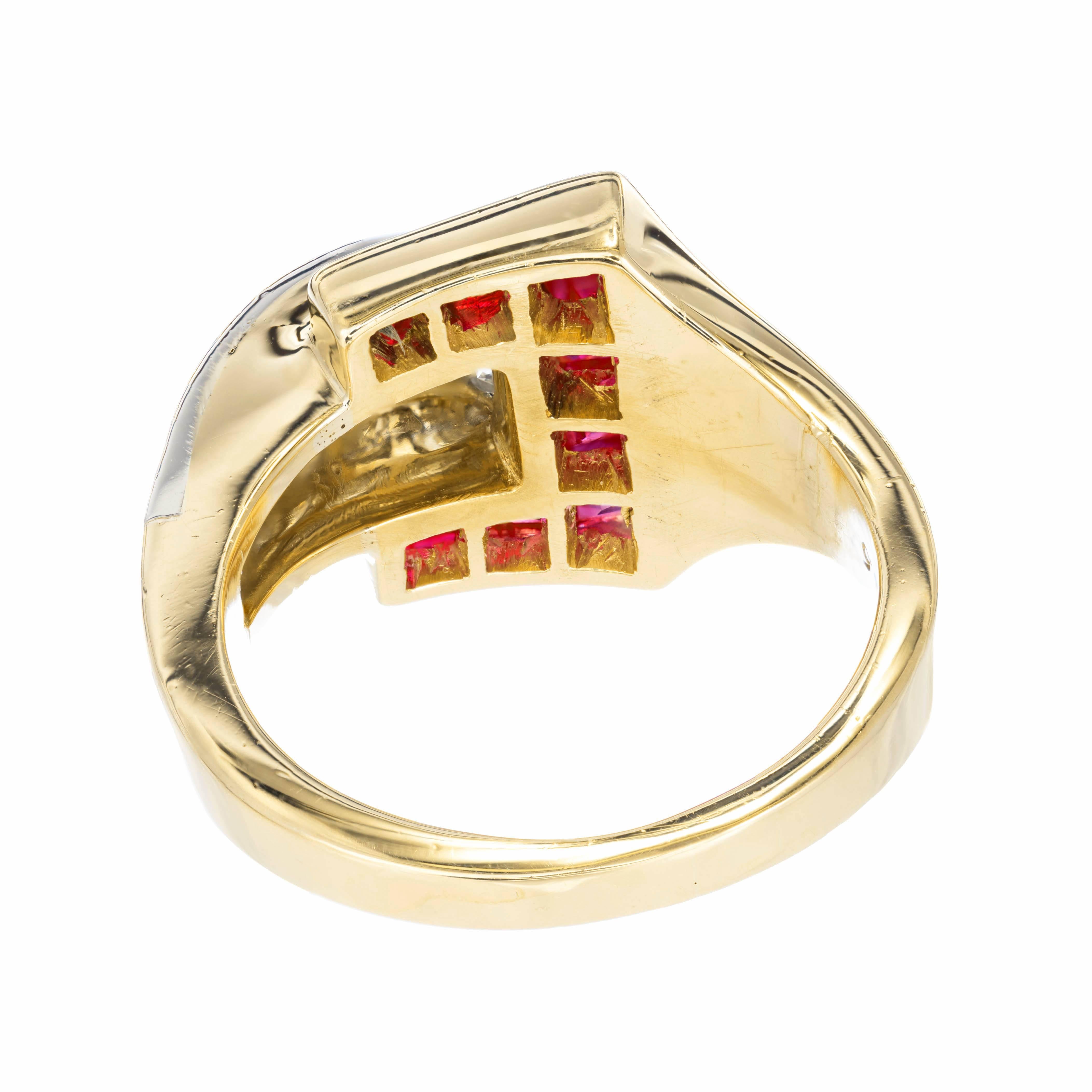 GIA Certified 1.25 Carat Ruby Diamond Gold Platinum Buckle Cocktail Ring In Good Condition For Sale In Stamford, CT