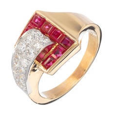 Retro GIA Certified 1.25 Carat Ruby Diamond Gold Platinum Buckle Cocktail Ring