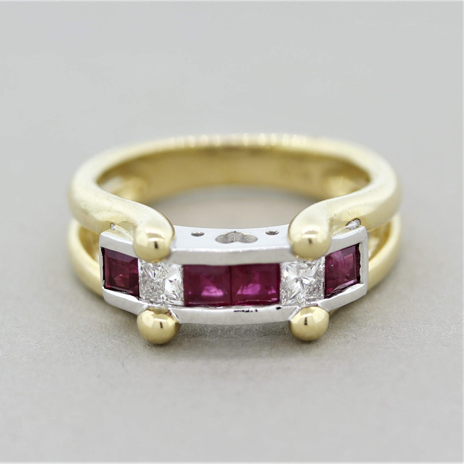 A sweet and stylish ring featuring 0.94 carats of square shaped rubies with a bright vivid red color. They are accented by 2 princess-cut diamonds weighing 0.35 carats. The ring is made in both 18k yellow gold and platinum; and has 2 hearts on the