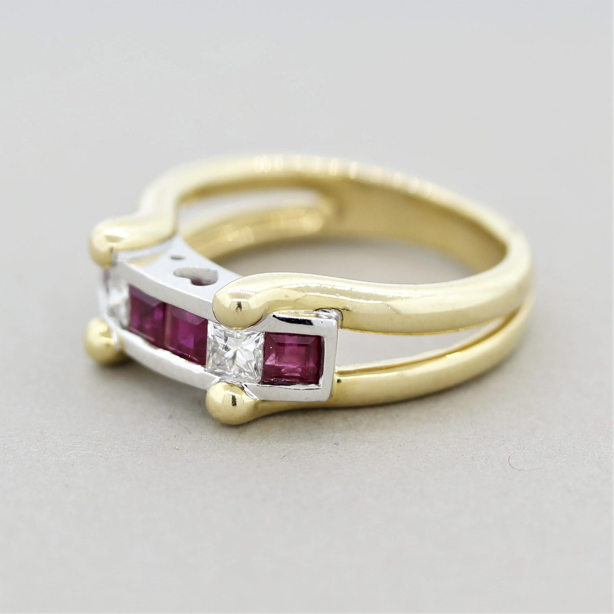 Mixed Cut Ruby Diamond Gold and Platinum “Love” Ring For Sale