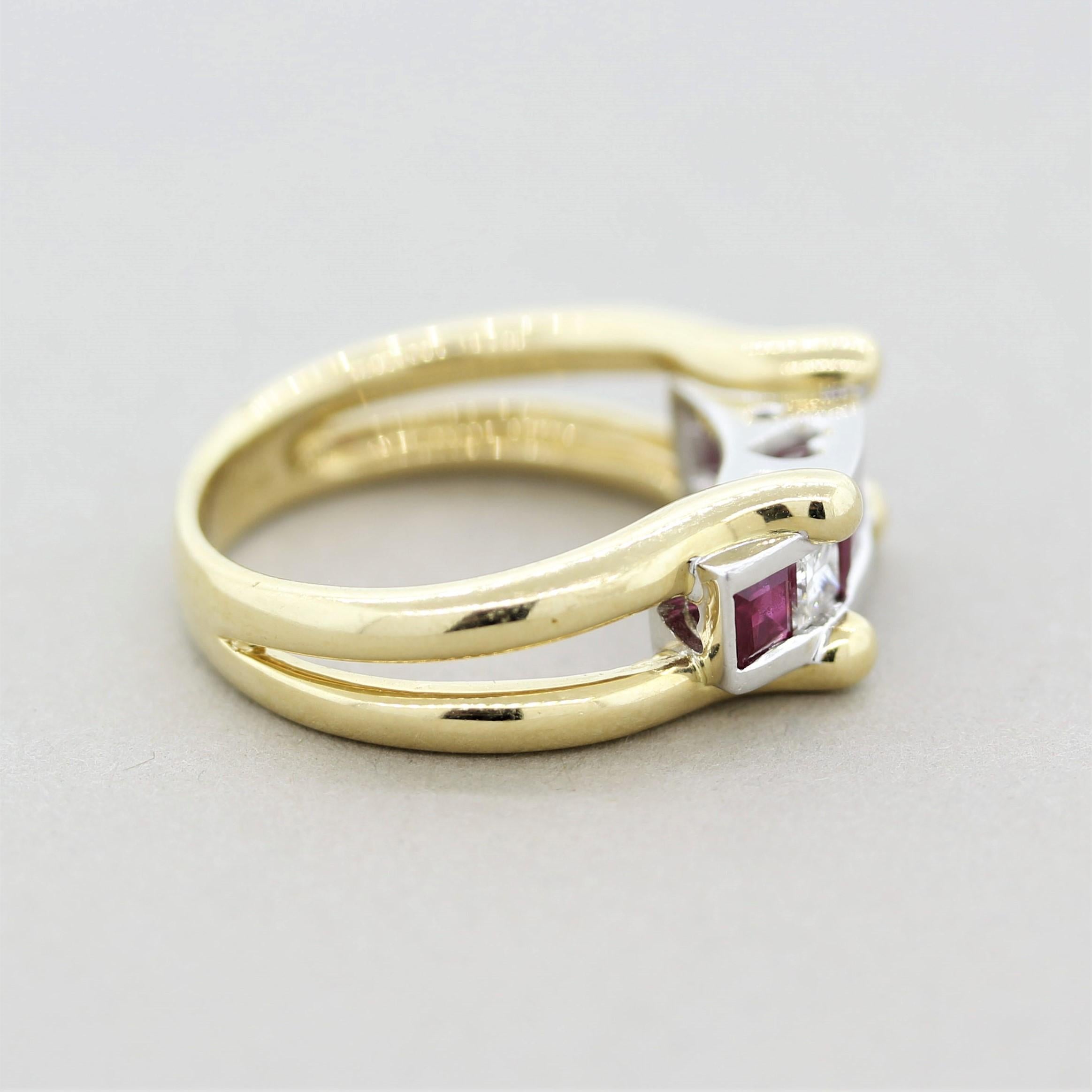 Women's Ruby Diamond Gold and Platinum “Love” Ring For Sale